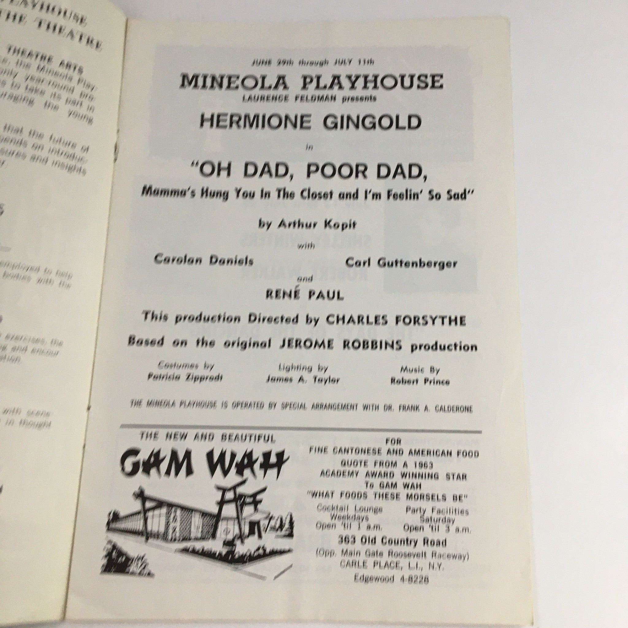 1963 Stagebill Mineola Playhouse Present Oh Dad, Oh Poor Dad by Arthur Kopit