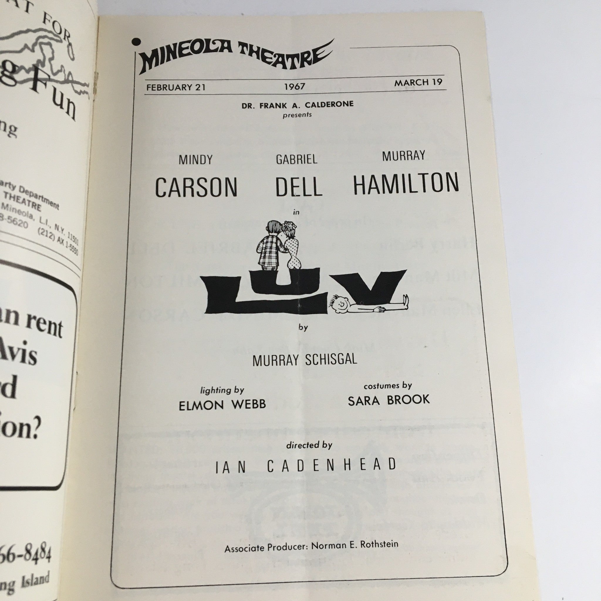 1967 Mineola Theatre Program Dr. Frank Calderone Presents Luv by Murray Schisgal