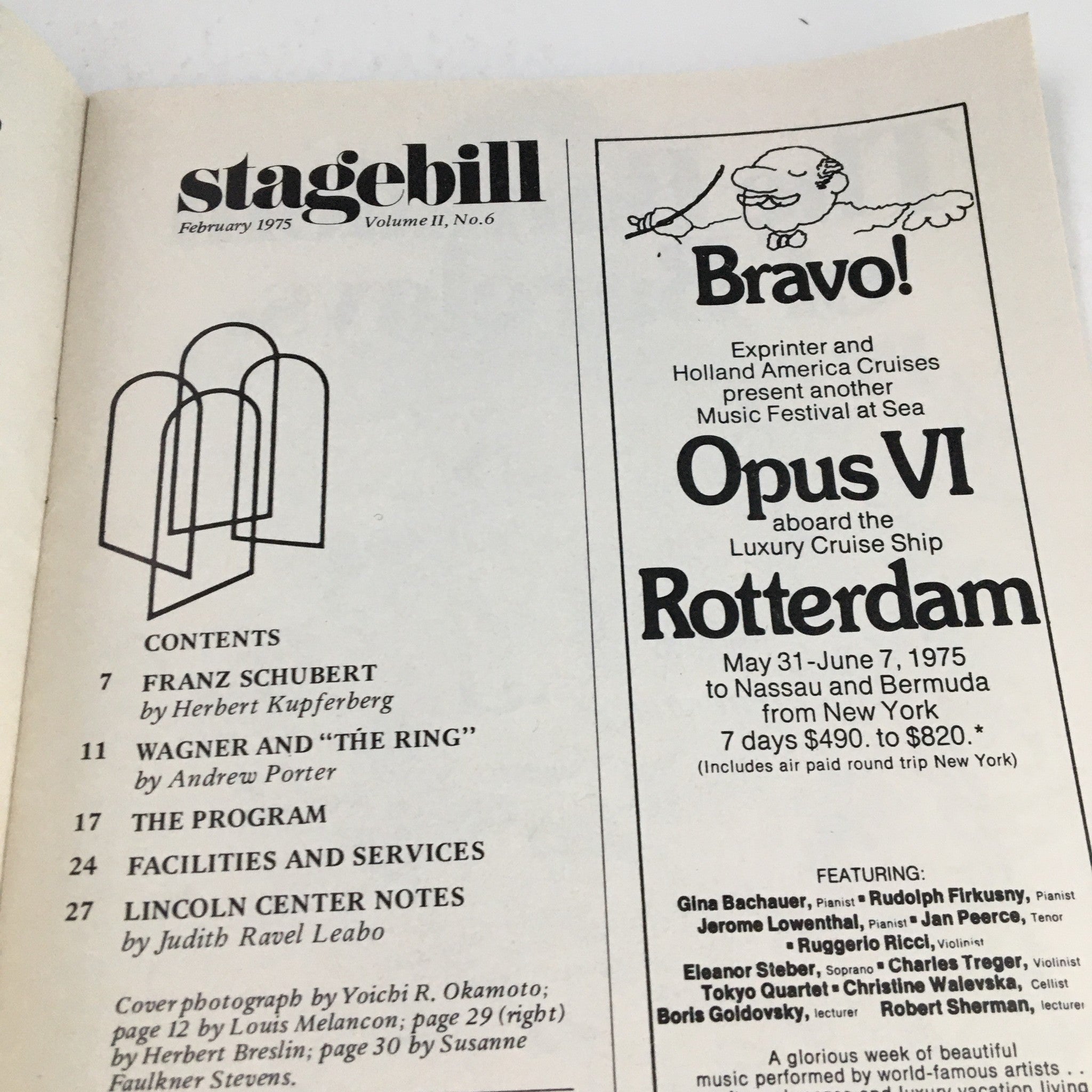 Contents page of the February 1975 Stagebill Volume II, No. 6, detailing articles about Franz Schubert, Wagner, and the Lincoln Center Notes, highlighting notable events and performances.