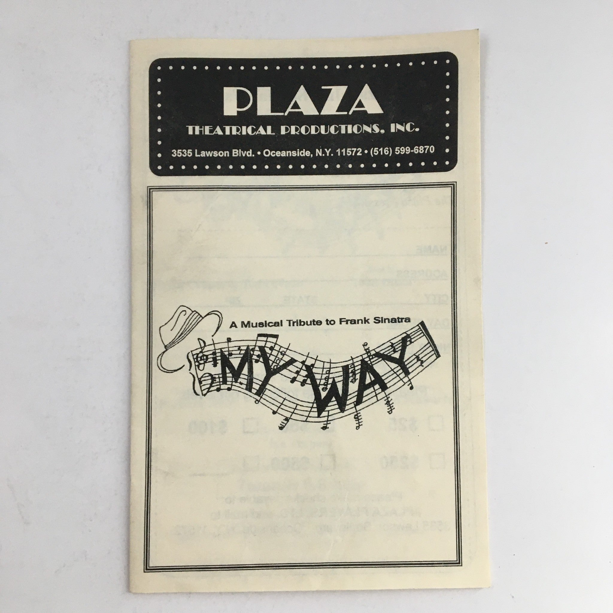 Cover of the 1960 Plaza Theatrical Productions A Musical Tribute to Frank Sinatra brochure, featuring musical notes and a hat with the title 'My Way'.