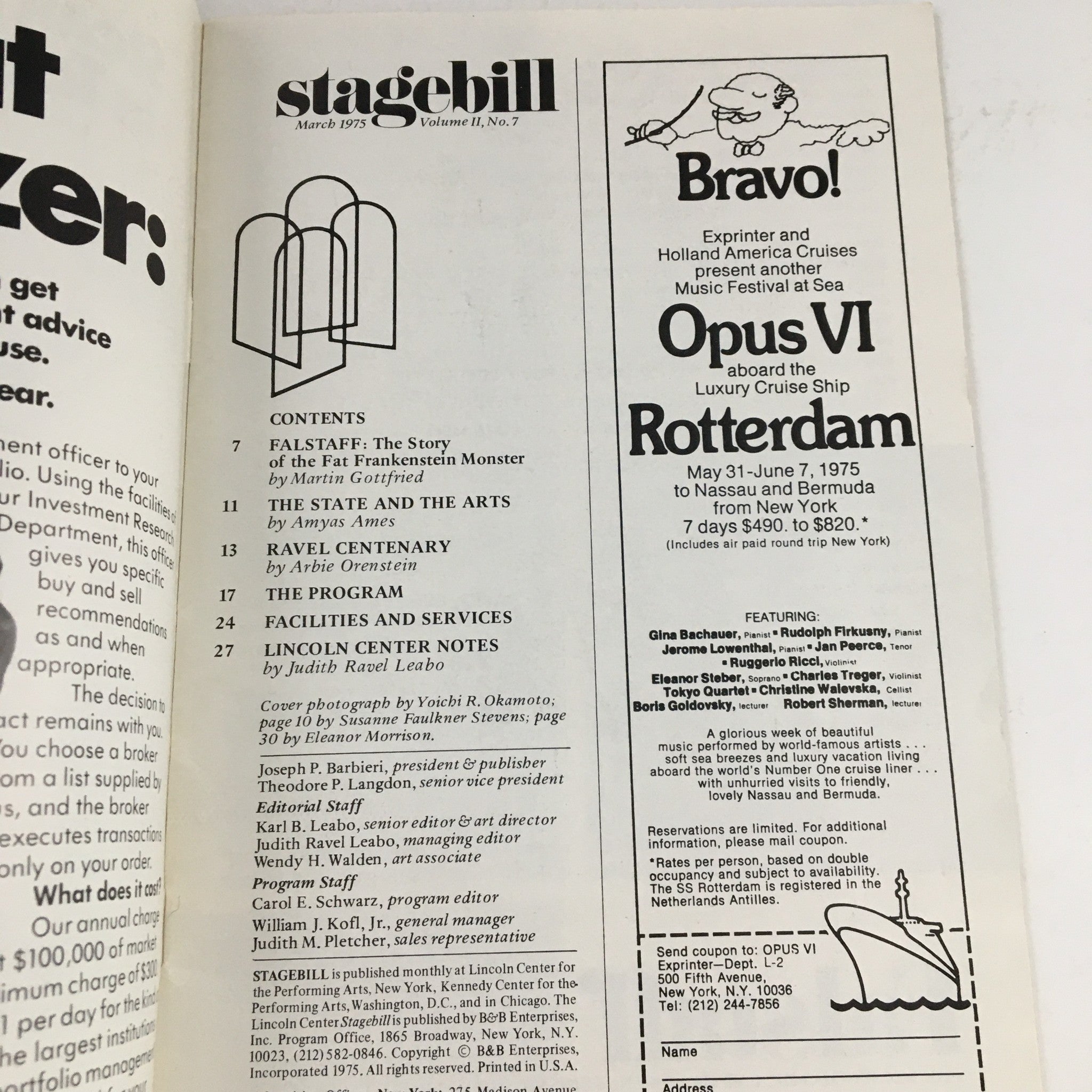 Interior page of the 1975 Stagebill for The Story of the Fat Frankenstein Monster, displaying the contents including details about the show and other performances.