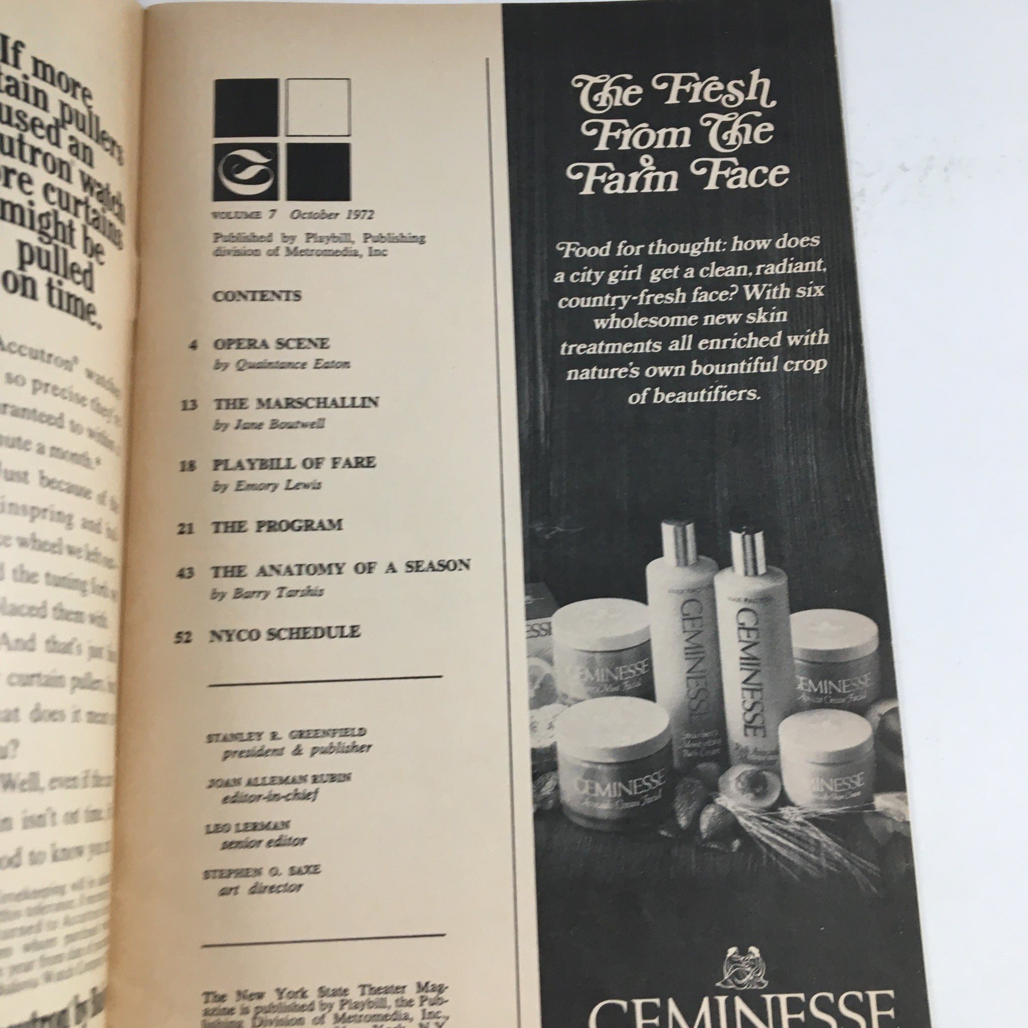 1972 City Center of Music and Drama Present New York City Opera magazine, featuring the contents section with articles and photography related to opera, including information on performances and treatments for skin care.