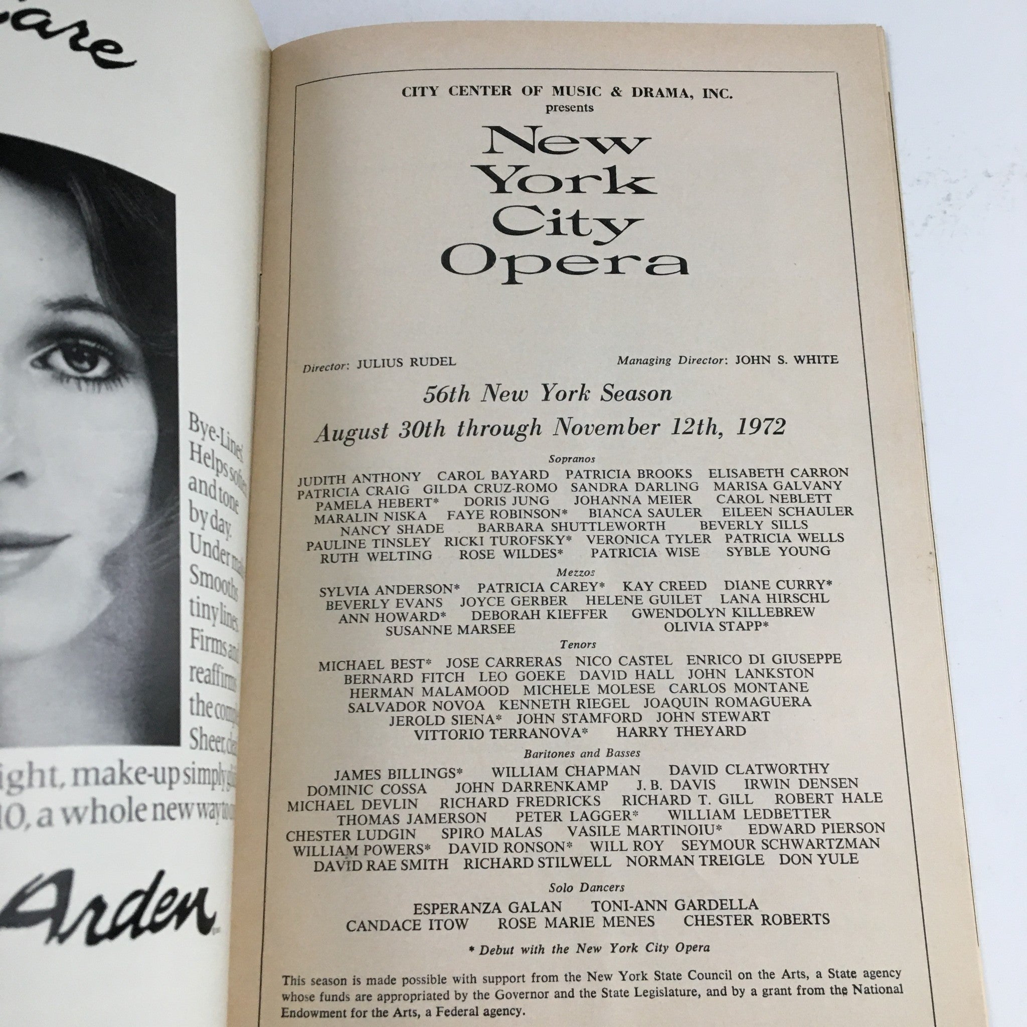 1972 City Center of Music and Drama Present New York City Opera magazine, showcasing the cast list for the 56th New York season, with details on sopranos, mezzo-sopranos, tenors, baritones, basses, and dancers.