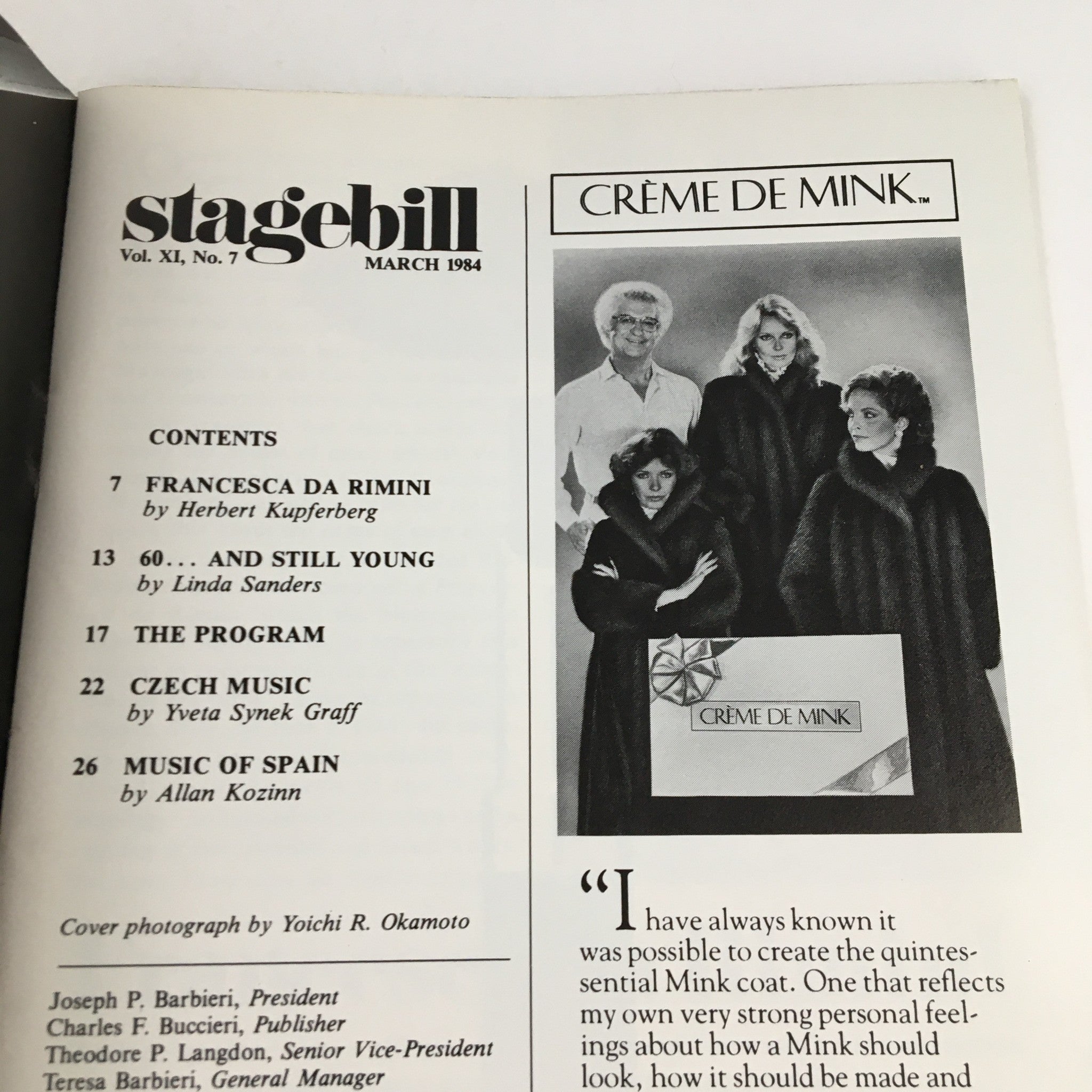 Interior page of the 1984 Stagebill containing contents and articles, including 'Francesca Da Rimini' and 'Czech Music', with a photograph and details about the performances.