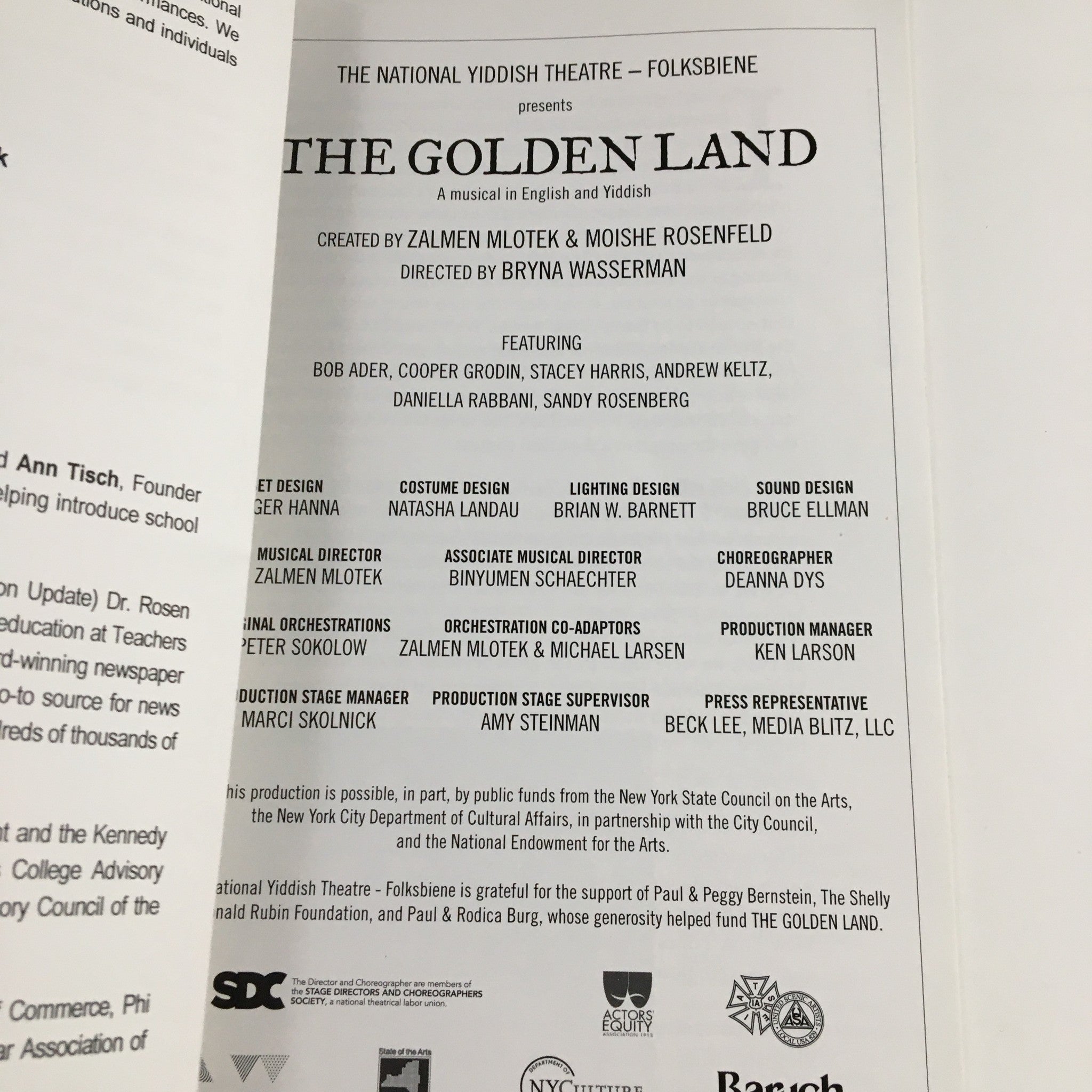 2012 National Yiddish Theatre The Golden Land A Musical in English and Yiddish