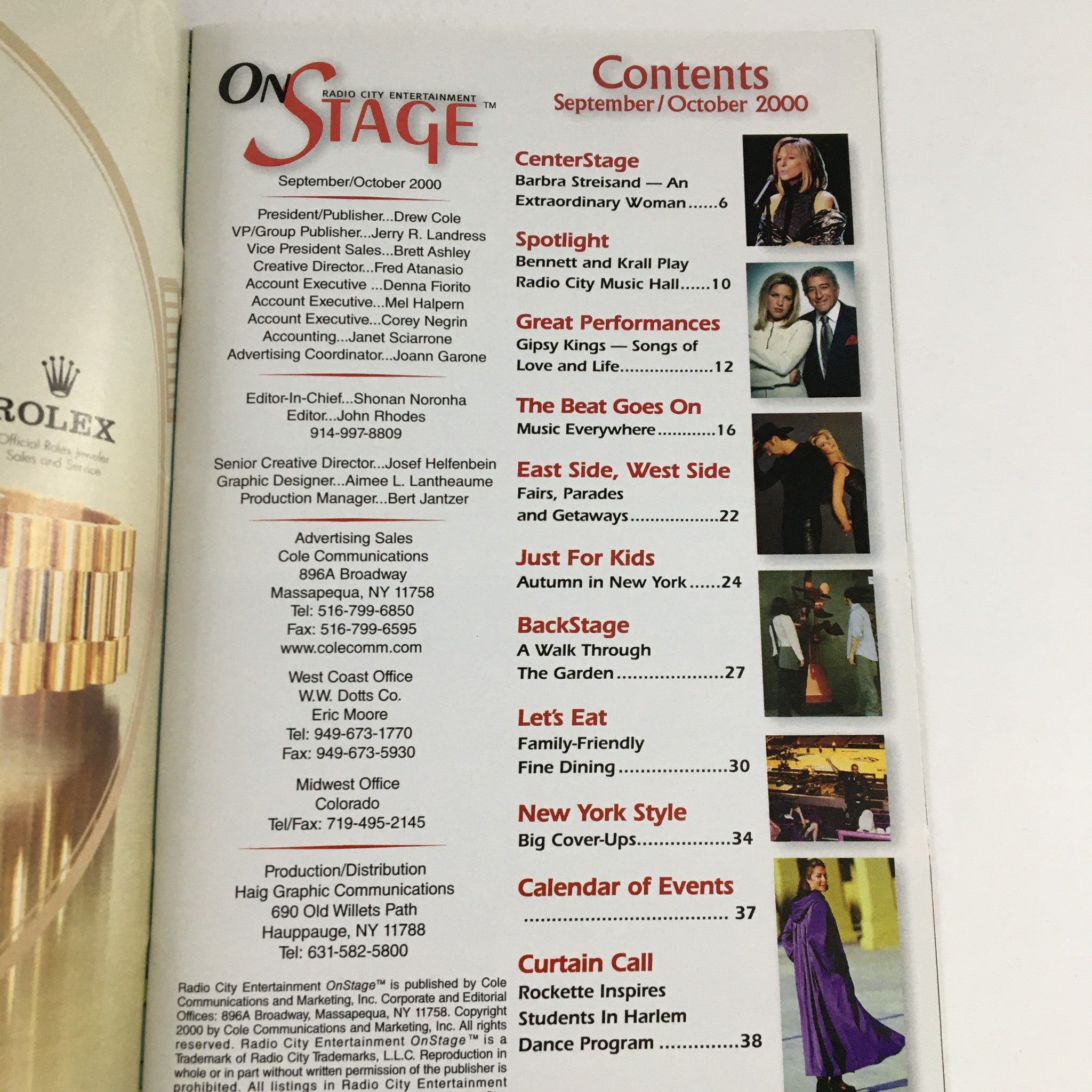 Contents page of On Stage magazine for September/October 2000. Features Barbra Streisand and includes articles about the Radio City Music Hall and other entertainment features.