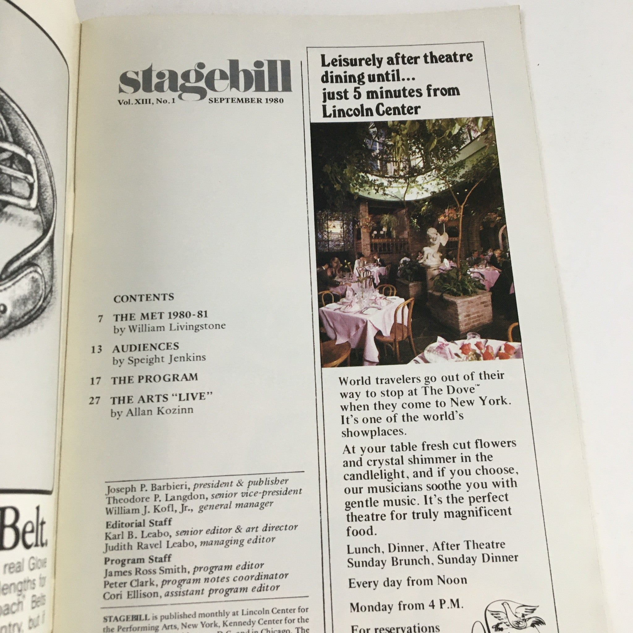 Inside page of the 1980 Stagebill featuring contents and an advertisement for dining near Lincoln Center, capturing the cultural essence of theatre-goers' experiences.
