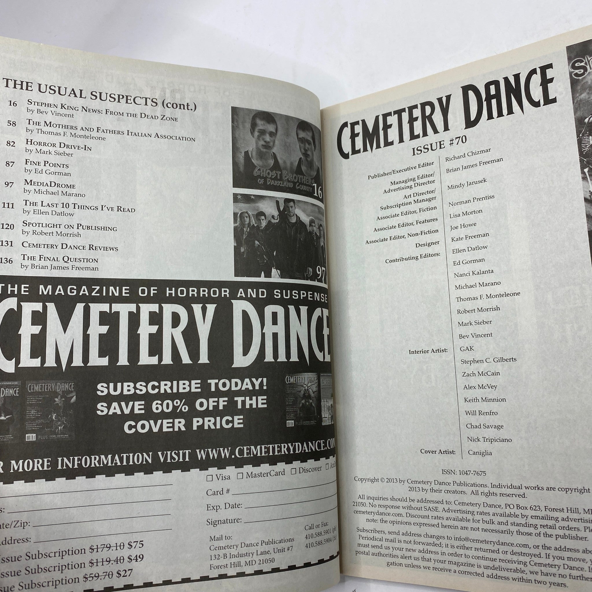 Cemetery Dance Magazine September 2013 #70 Stephen King & Joe Hill No Label VG