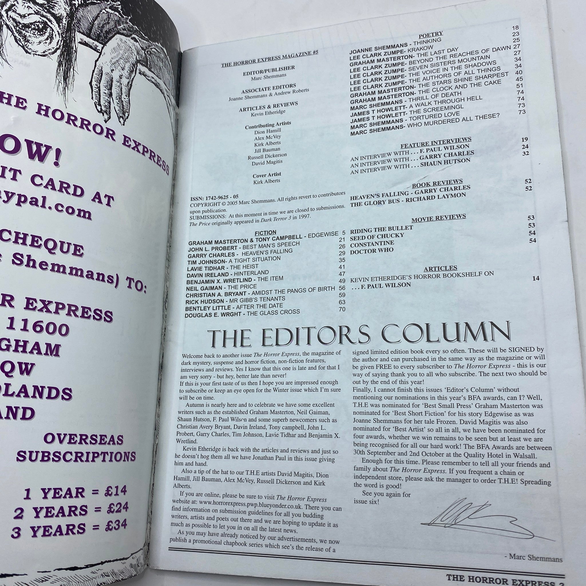 Inside page of The Horror Express Magazine Summer 2006 #5 featuring the table of contents and editor's column, showcasing authors and articles related to horror literature.