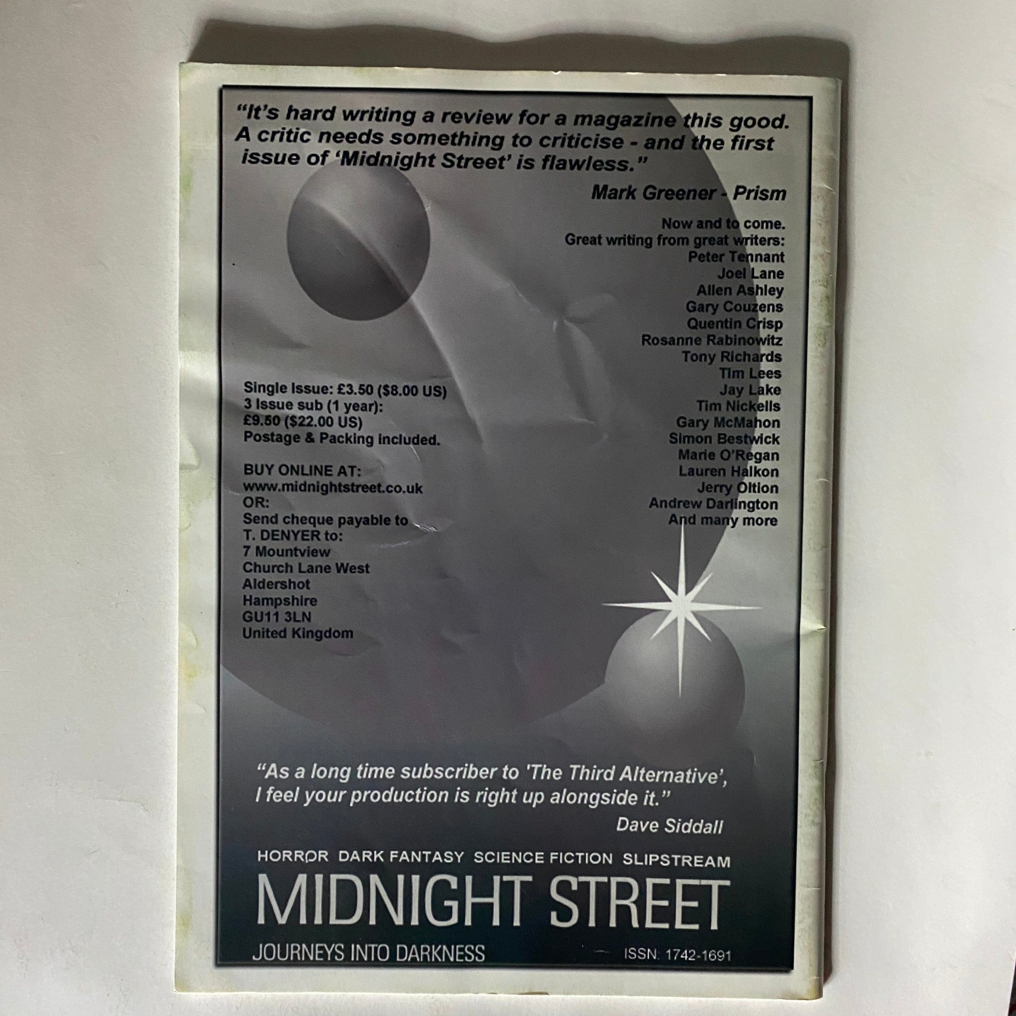 Back cover of The Horror Express Magazine Summer 2006 #5 highlighting an advertisement for Midnight Street magazine, emphasizing the connection to horror and science fiction.