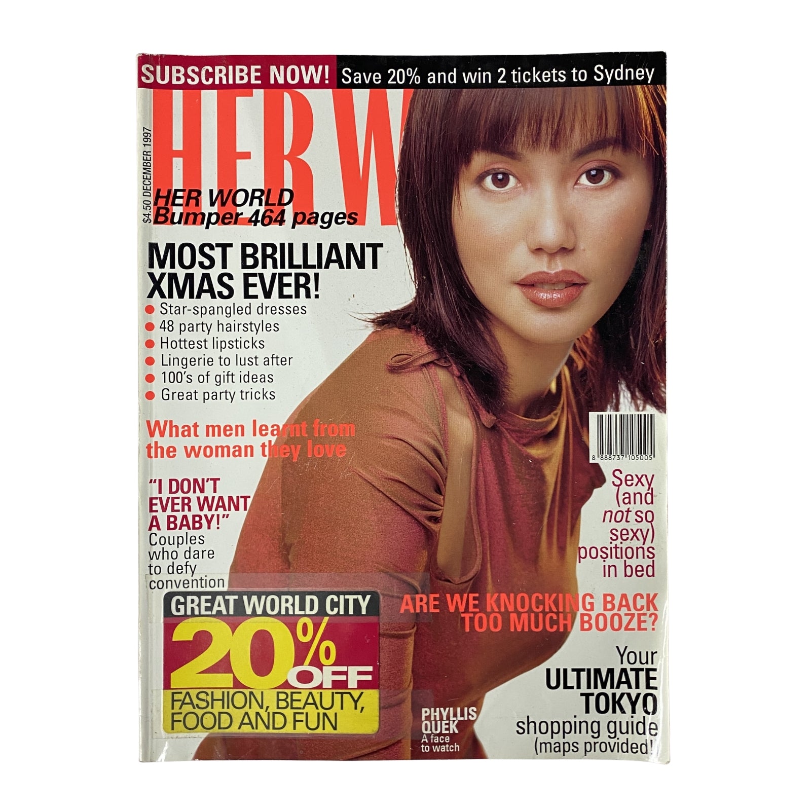 Cover of Her World Magazine, December 1997 featuring Phyllis Quek, highlighting key articles like 'I Don't Ever Want A Baby!' and 'Are We Drinking Too Much?' with a vibrant design and promotional graphics.