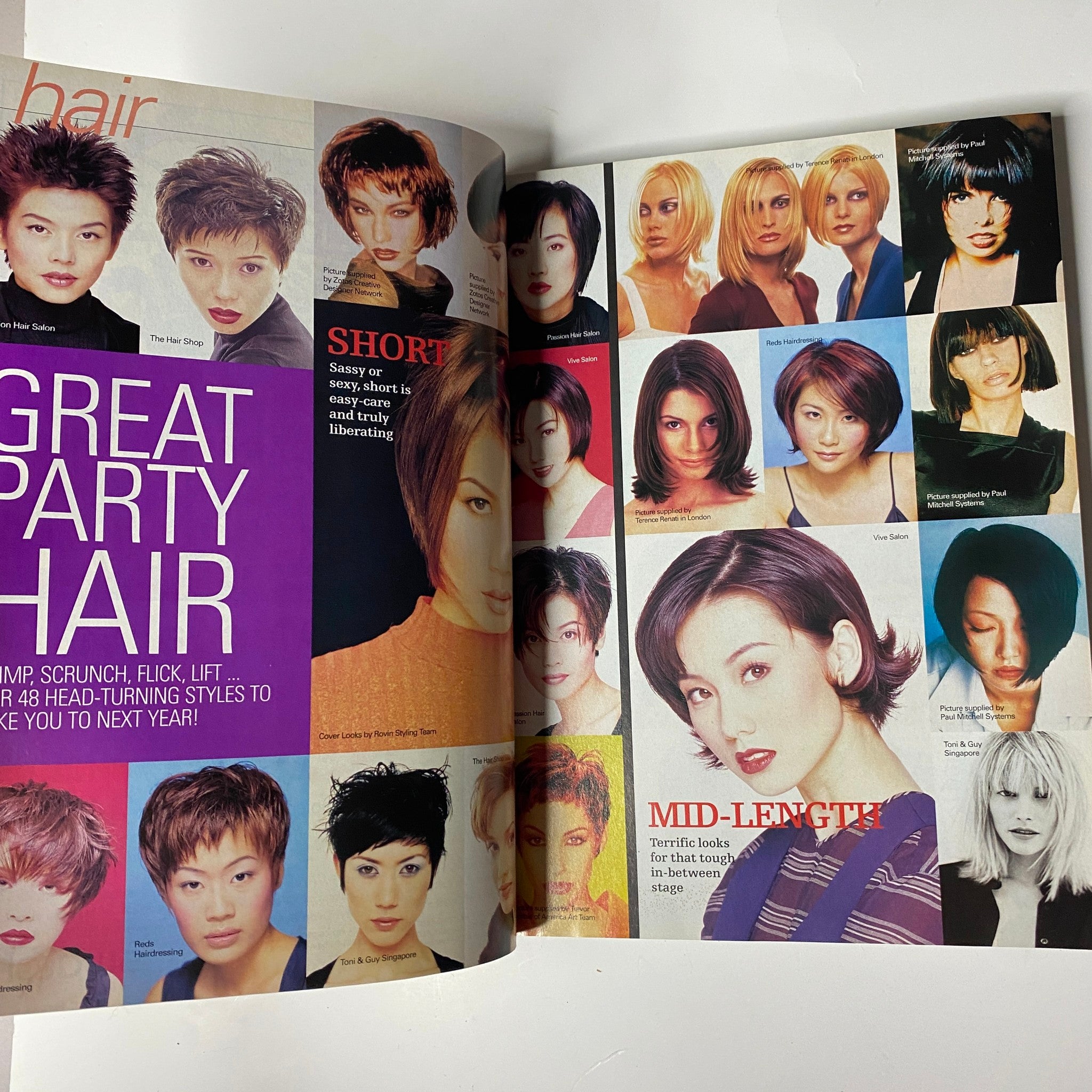 Hair style guide from Her World Magazine December 1997 presenting various short and mid-length party hairstyles for inspiration.