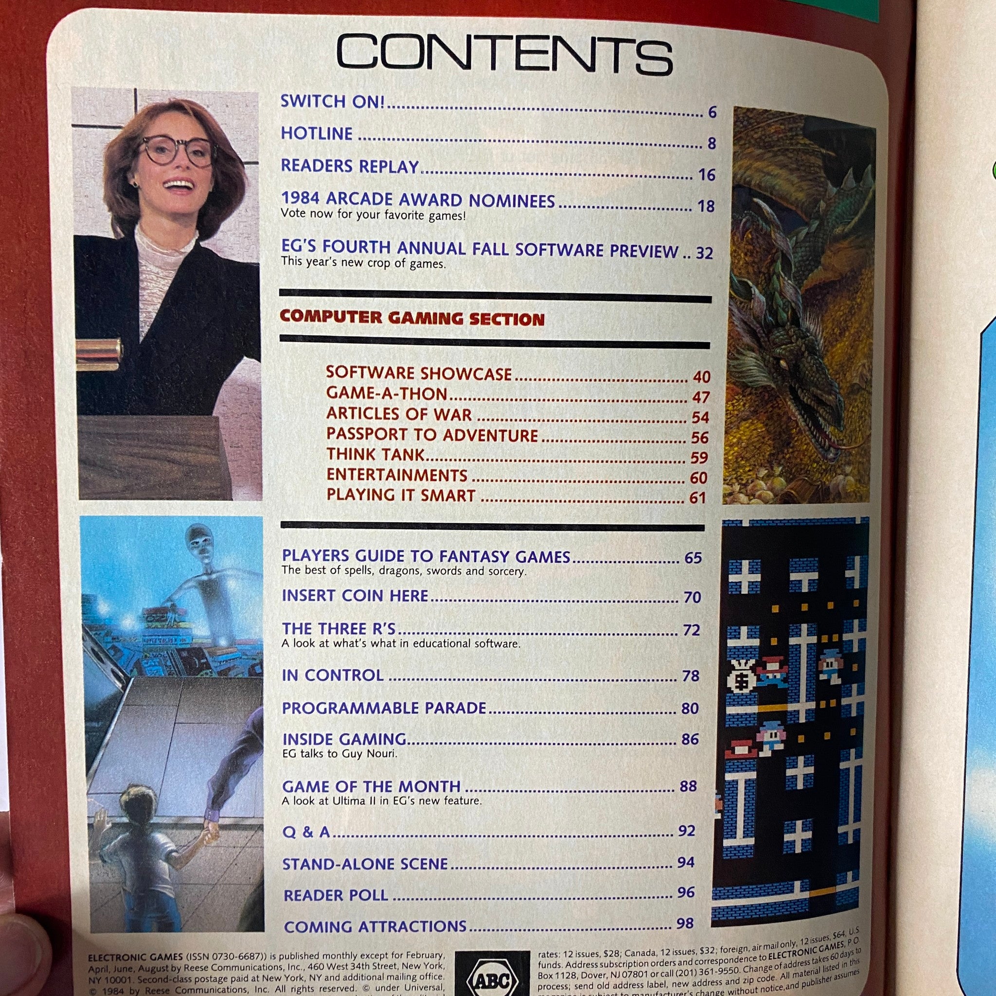 Contents page of Electronic Games Magazine October 1984 featuring articles on RPGs, arcade award nominees, and key gaming strategies.
