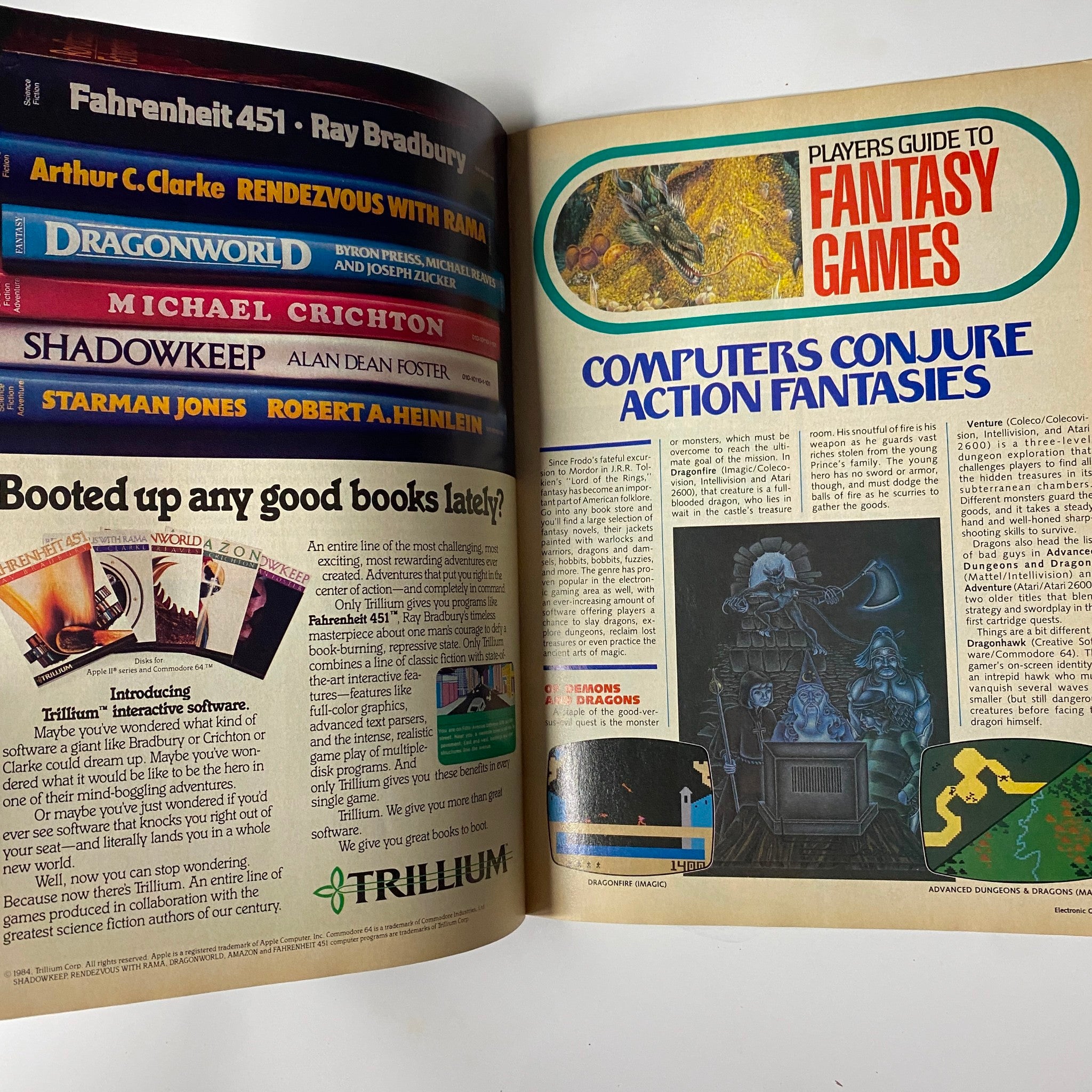 Player's Guide to Fantasy Games section in Electronic Games Magazine October 1984, showcasing fantasy video games and authors like Michael Crichton.