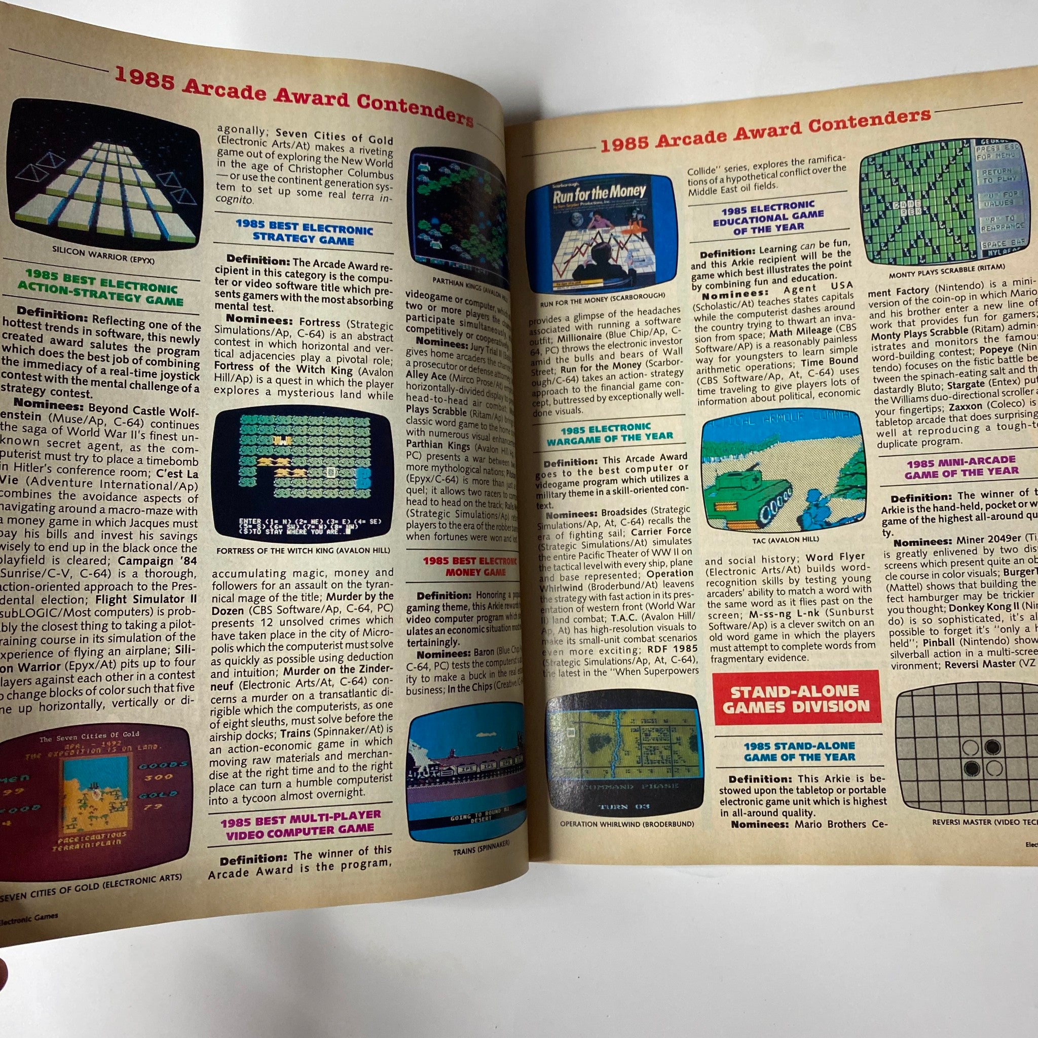 Overview of the 1985 Arcade Award contenders displayed in Electronic Games Magazine October 1984, highlighting top electronic games.