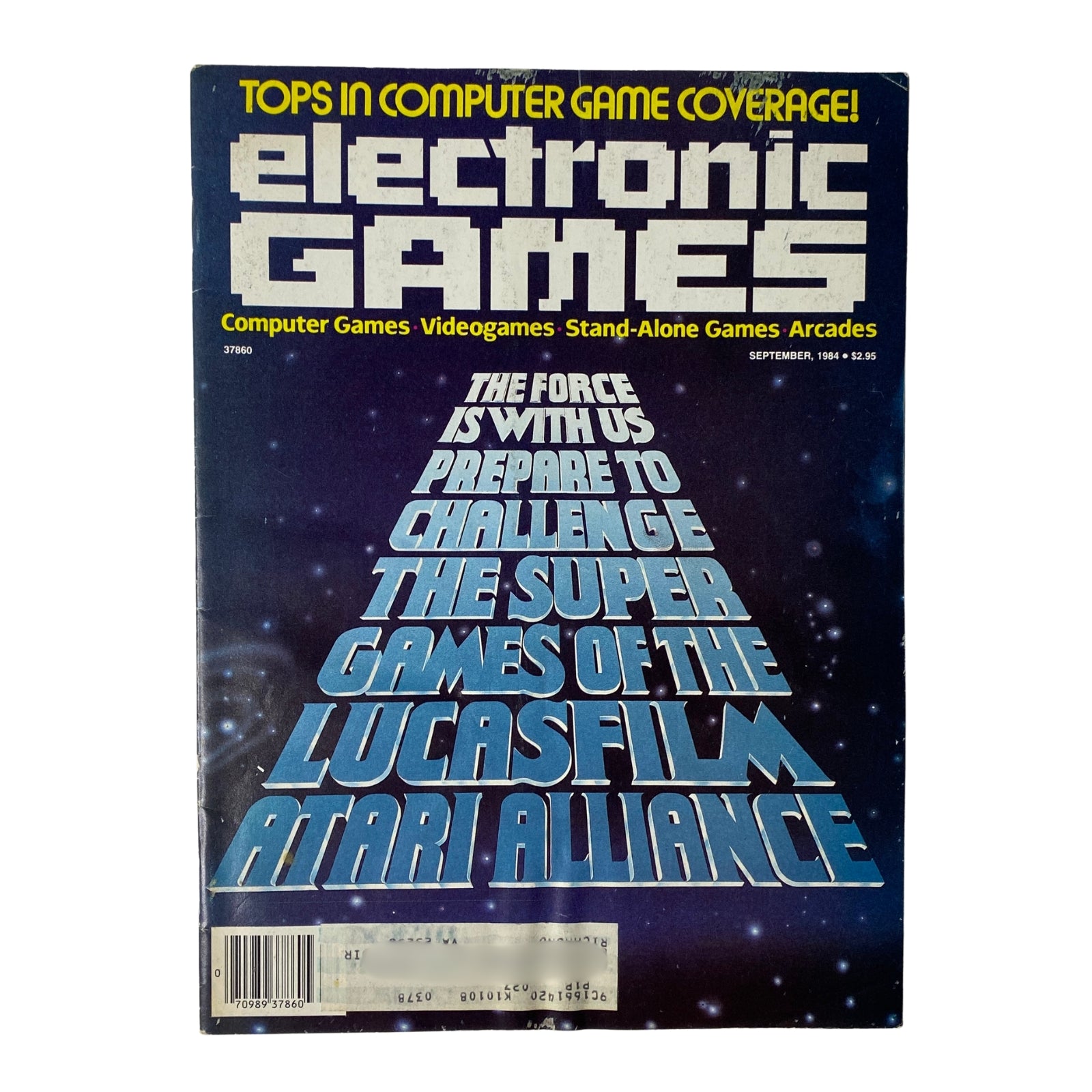 Cover of Electronic Games Magazine from September 1984 featuring 'The Super Games of the Lucasfilm Atari Alliance.' The magazine showcases highlights of video gaming coverage including iconic titles and technology advancements from the era.