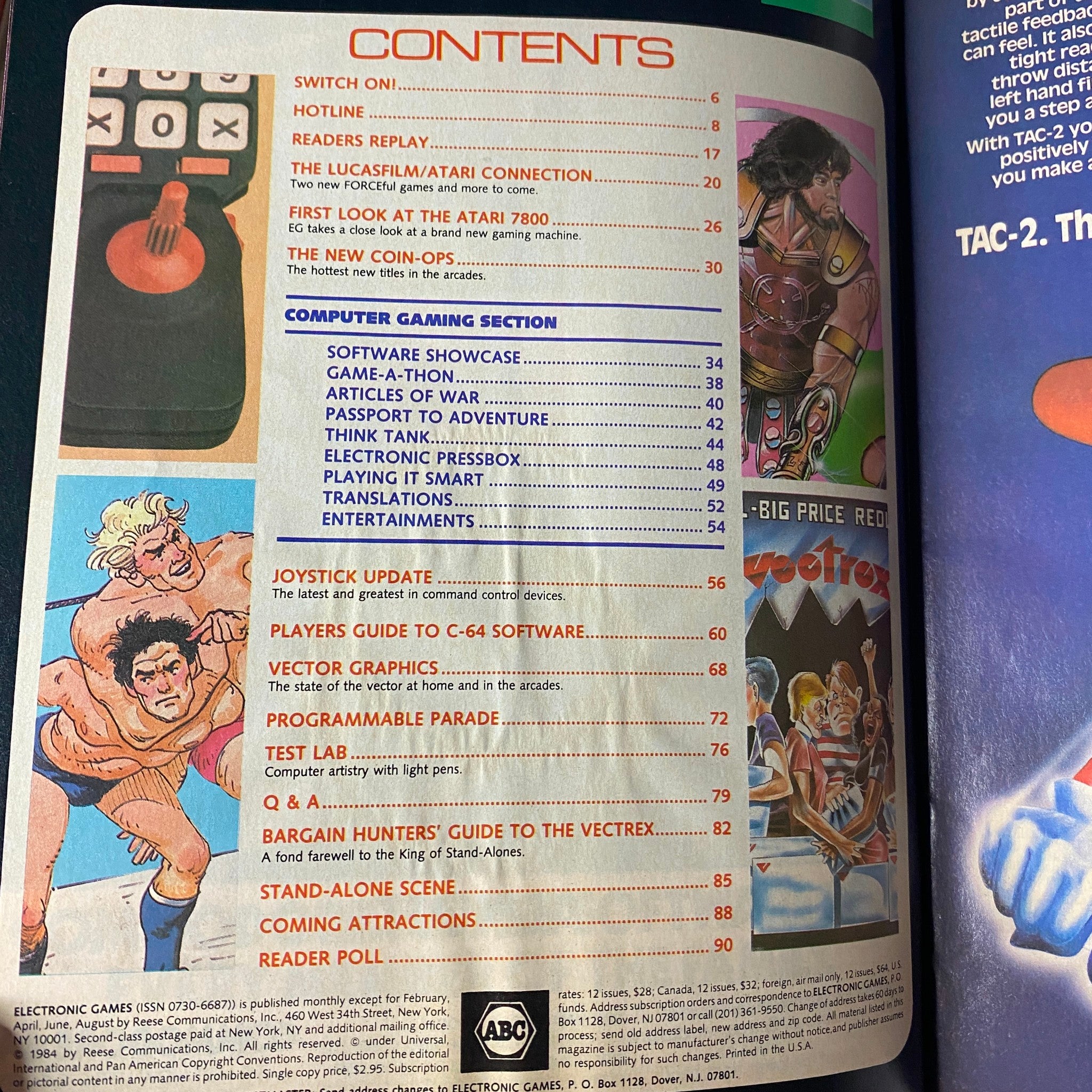 Table of contents from Electronic Games Magazine September 1984, showcasing featured sections including Lucasfilm's innovative games, Atari 7800 preview, and gaming strategies.