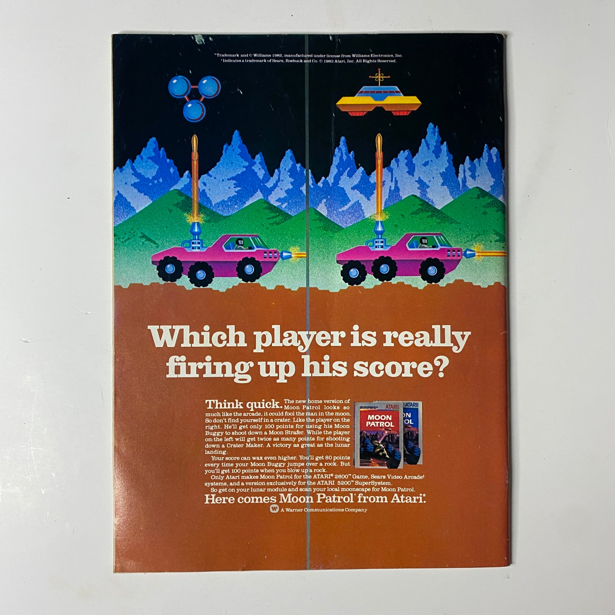 Advertisement for Moon Patrol from Atari in Electronic Games Magazine September 1984, promoting the game's engaging gameplay and visual appeal.
