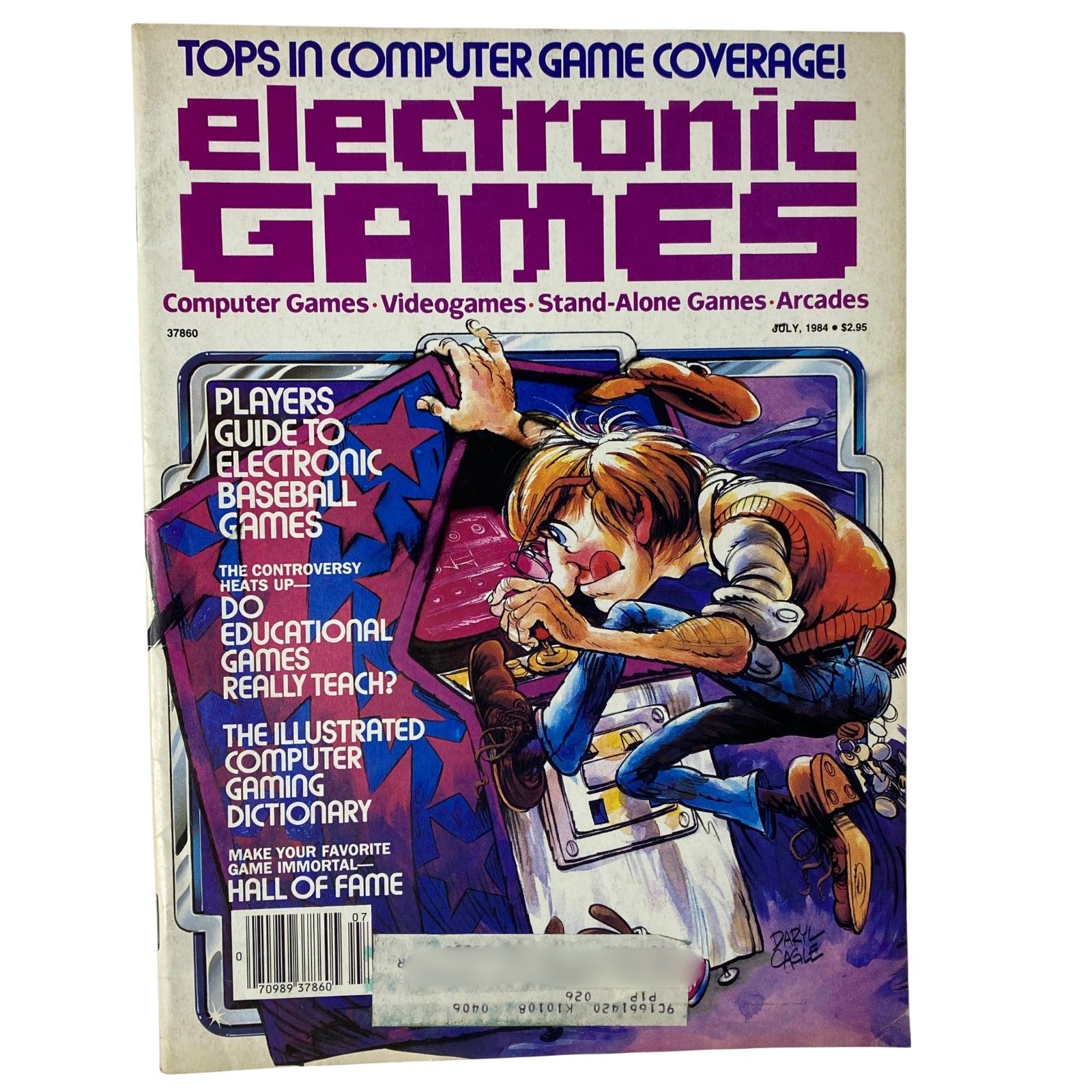Cover of Electronic Games Magazine July 1984 Guide to Electronic Baseball Games featuring an illustration of a boy interacting with a computer, highlighting the magazine's focus on gaming content.