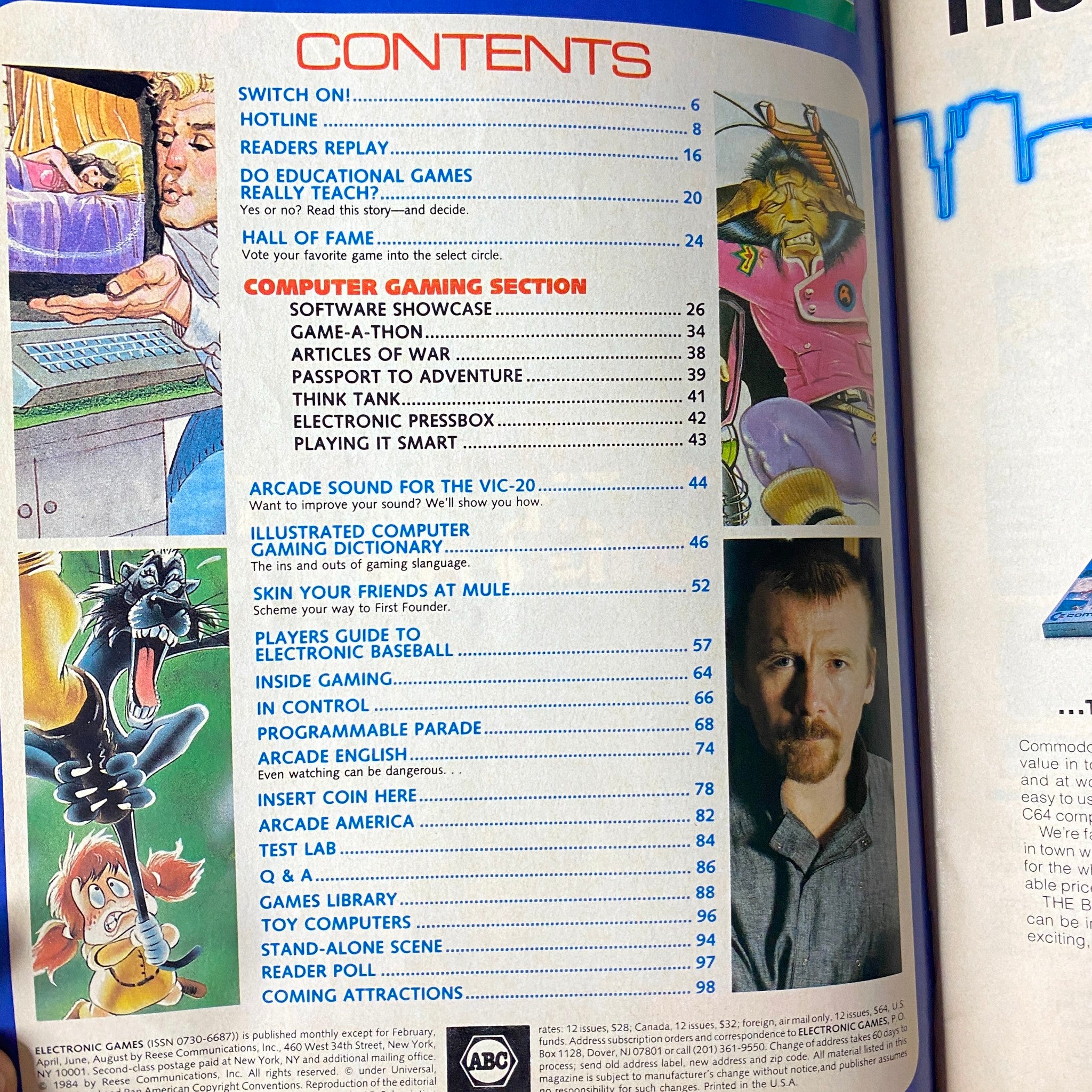 Table of contents page from Electronic Games Magazine July 1984 Guide to Electronic Baseball Games, listing sections like Player's Guide to Electronic Baseball and Do Educational Games Really Teach?.