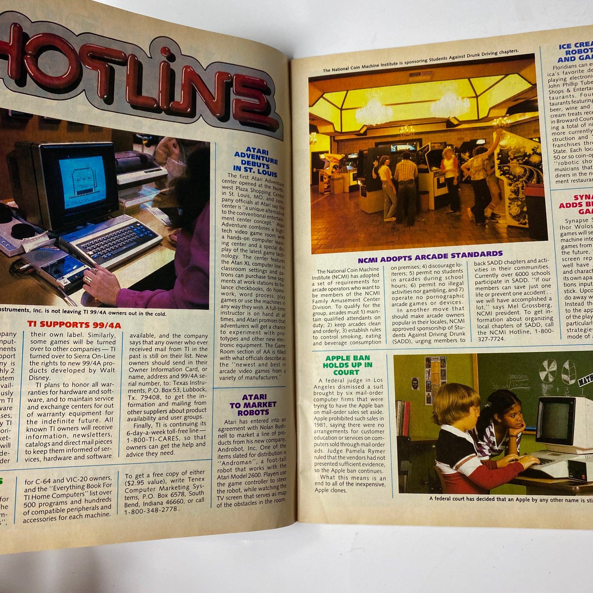 Hotline section of Electronic Games Magazine July 1984 Guide to Electronic Baseball Games showcasing news about educational games and technology updates.