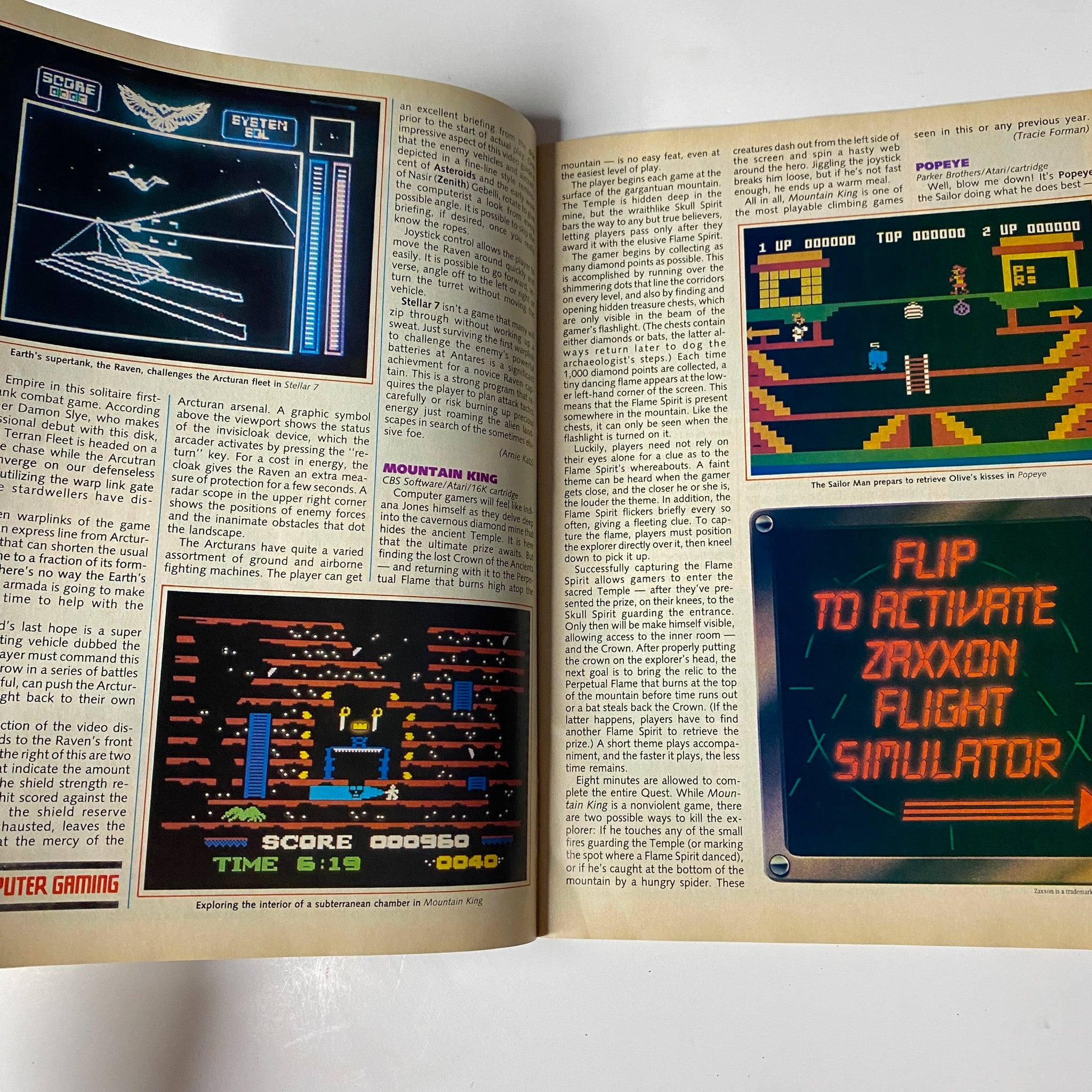 Page from Electronic Games Magazine July 1984 Guide to Electronic Baseball Games featuring reviews of classic video games like Zaxxon and Popeye with screenshots.