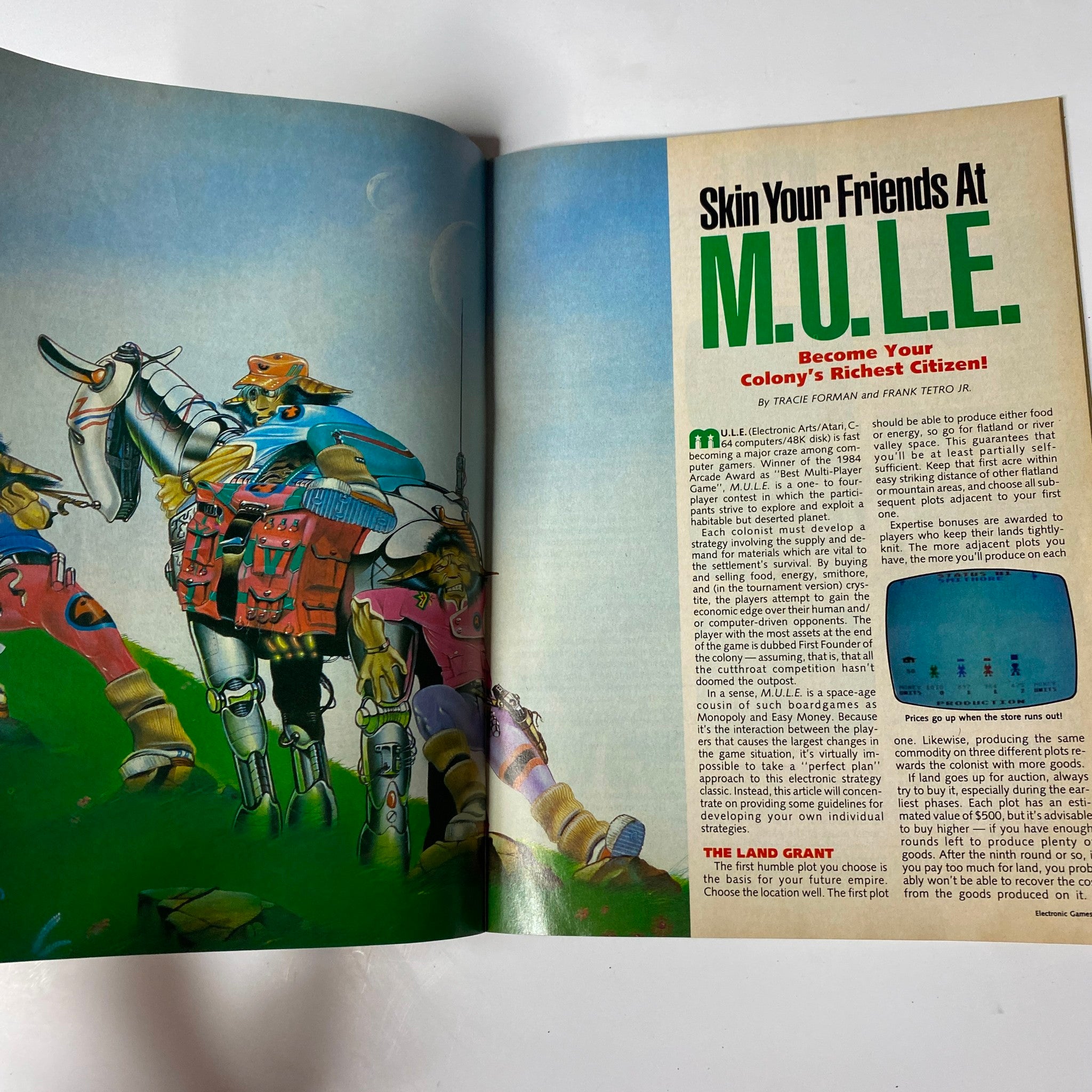 Article from Electronic Games Magazine July 1984 Guide to Electronic Baseball Games titled Skin Your Friends at M.U.L.E. discussing strategy in the popular game M.U.L.E.