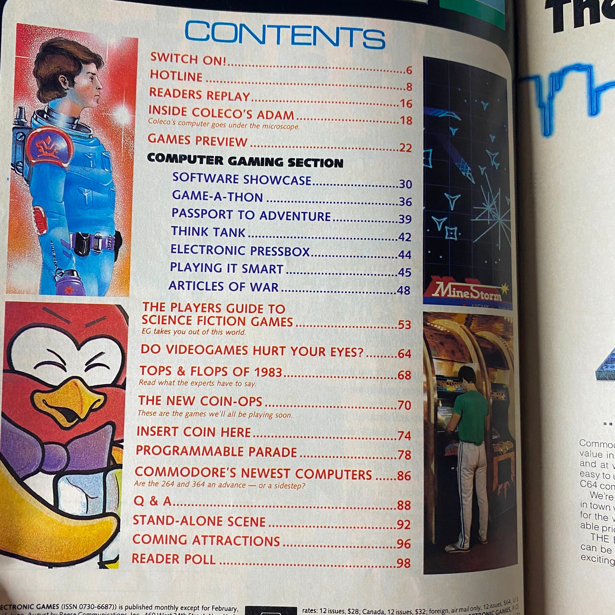Contents page of Electronic Games Magazine May 1984, detailing upcoming features including players guide to science fiction software and game reviews.