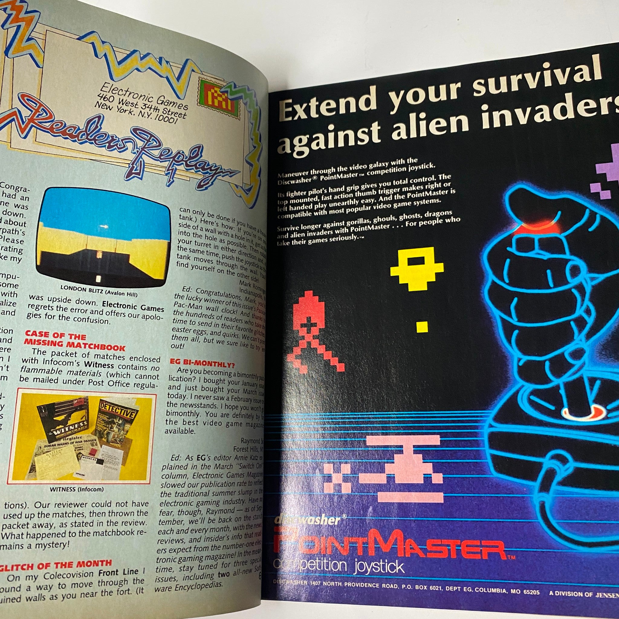 Reader Replay section of Electronic Games Magazine May 1984, showcasing reader feedback and classic game ads with a vintage arcade aesthetic.