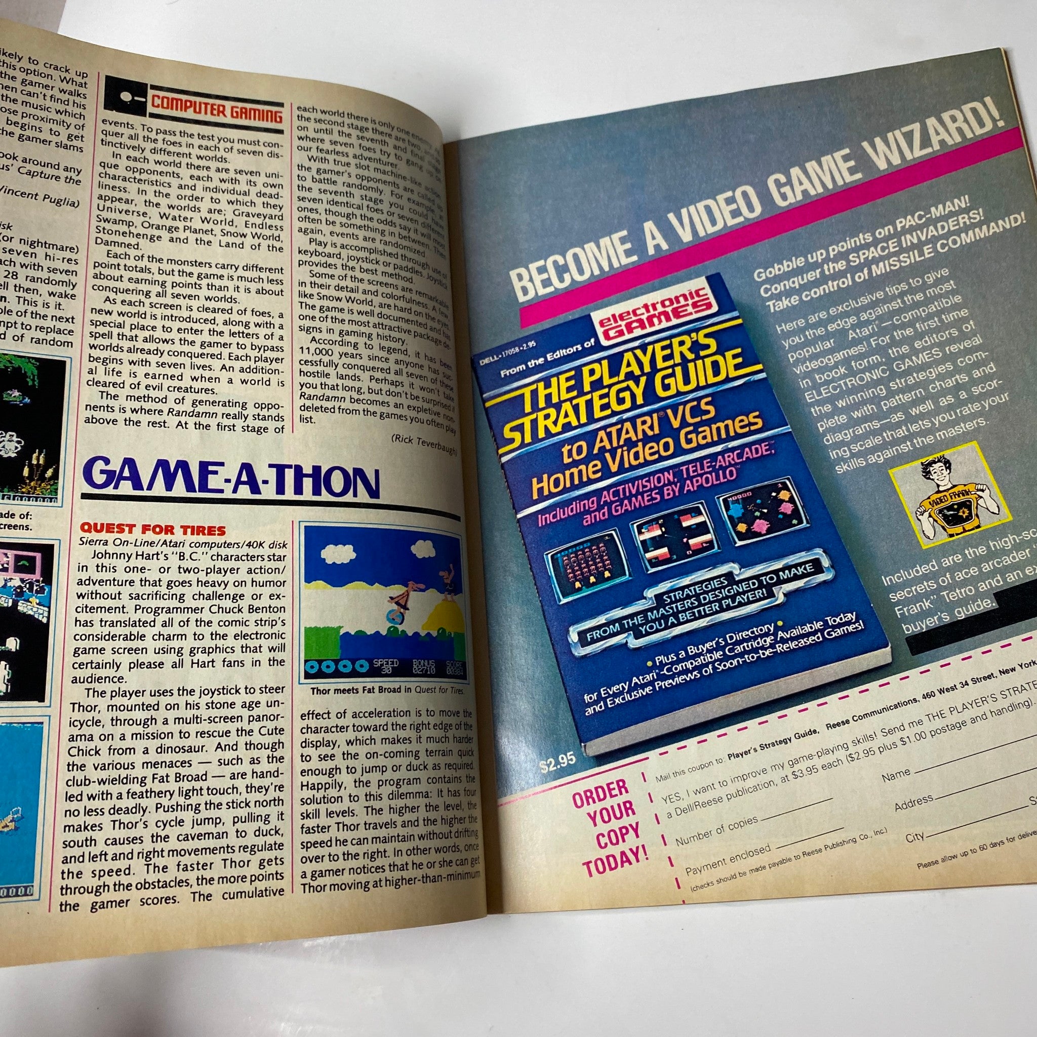 Game-a-Thon feature in Electronic Games Magazine May 1984, promoting video game strategies and advertisements for arcade classics.