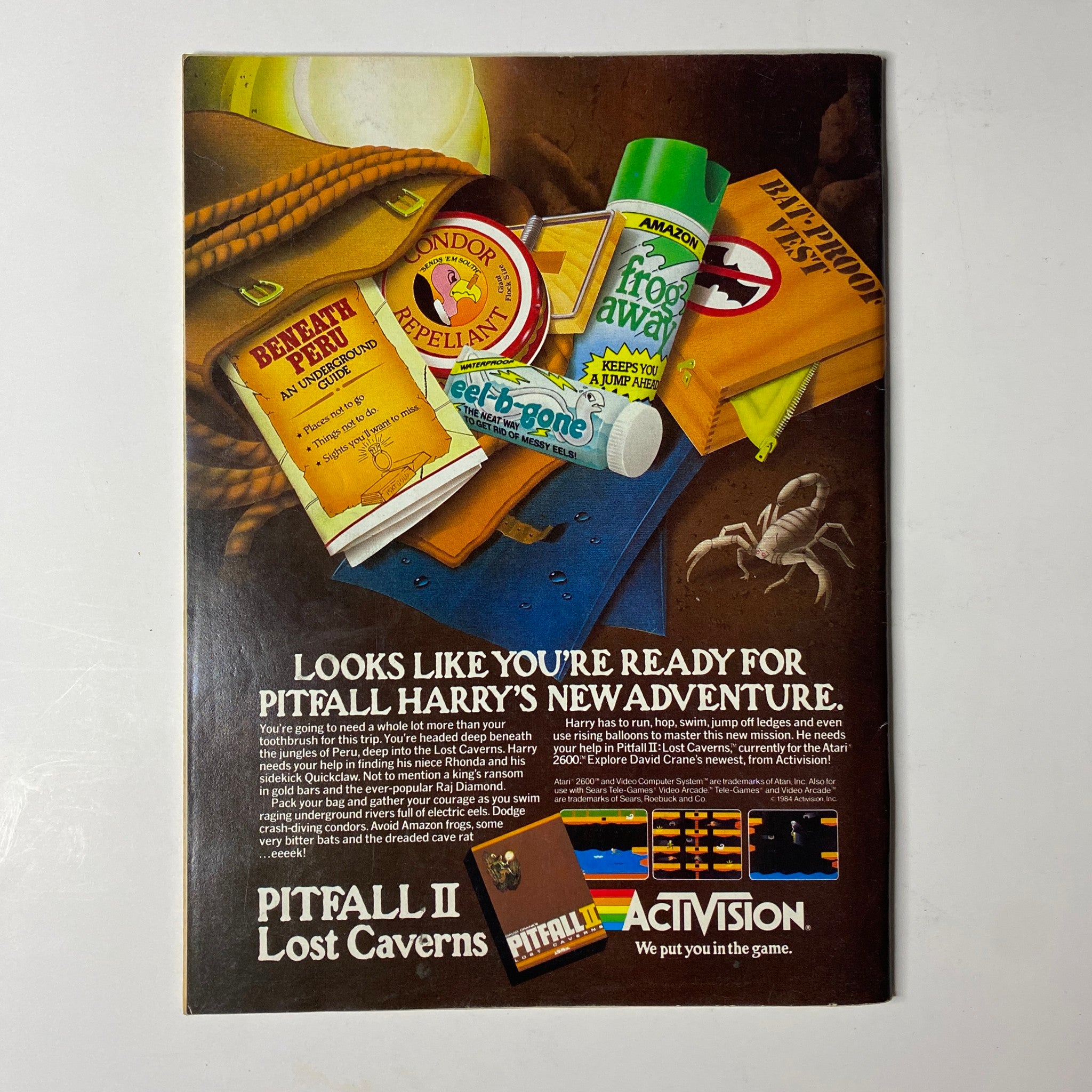 Back cover advertisement from Electronic Games Magazine May 1984 promoting Pitfall II: Lost Caverns by Activision. Features a colorful design highlighting products and services relevant to gamers.