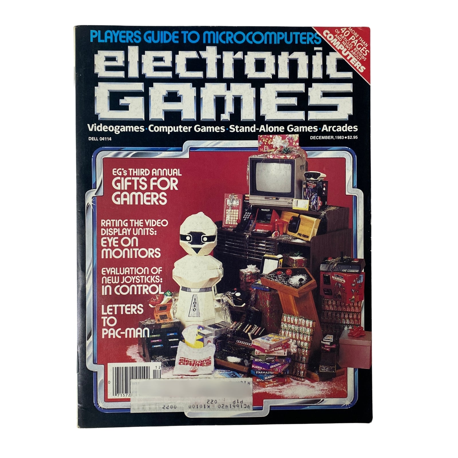 Cover of Electronic Games Magazine December 1983 featuring 'Players Guide to Microcomputers,' showcasing gaming consoles, arcade machines, and a holiday gift guide.