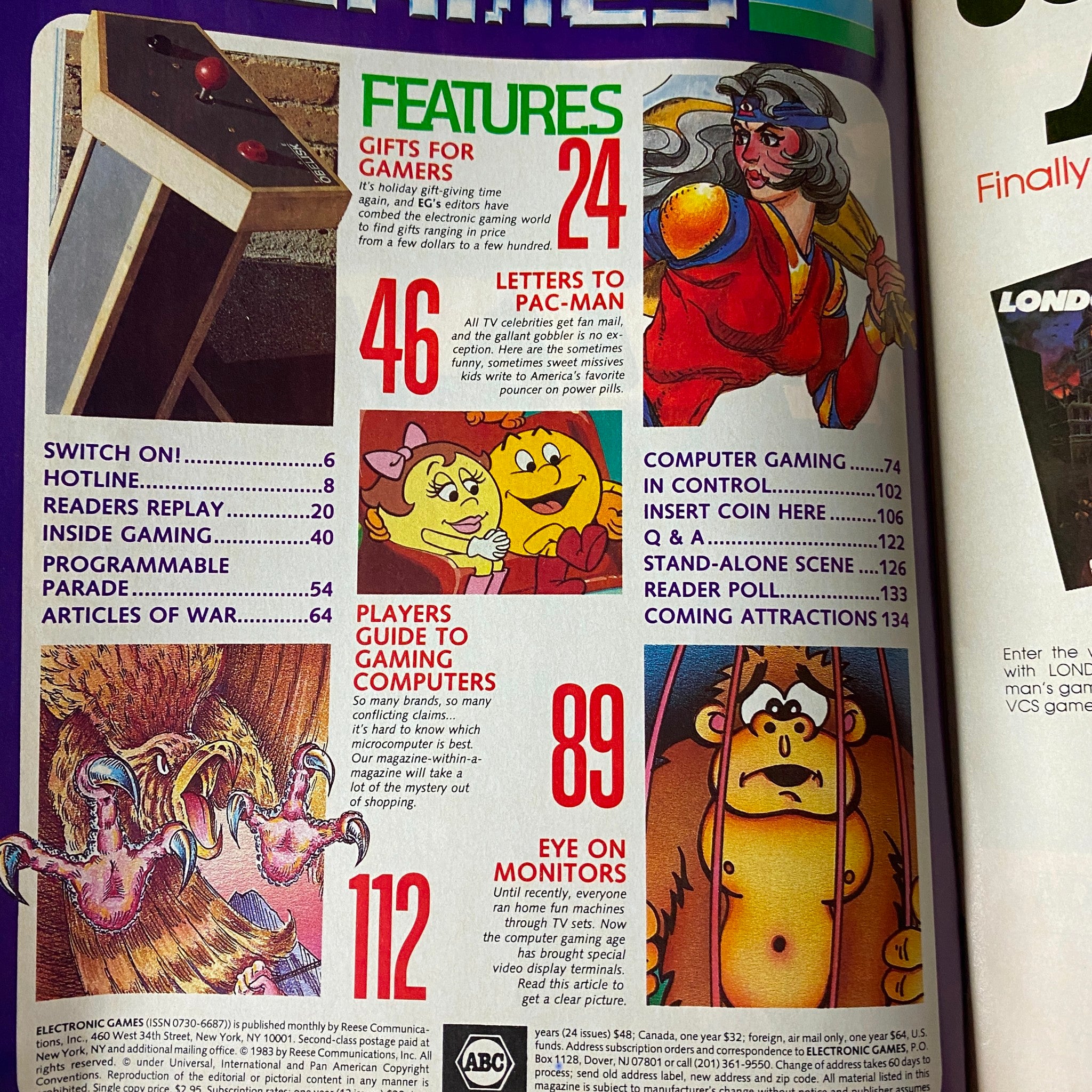 Illustration from Electronic Games Magazine December 1983 displaying features including 'Gifts for Gamers' and 'Players Guide to Gaming Computers'.
