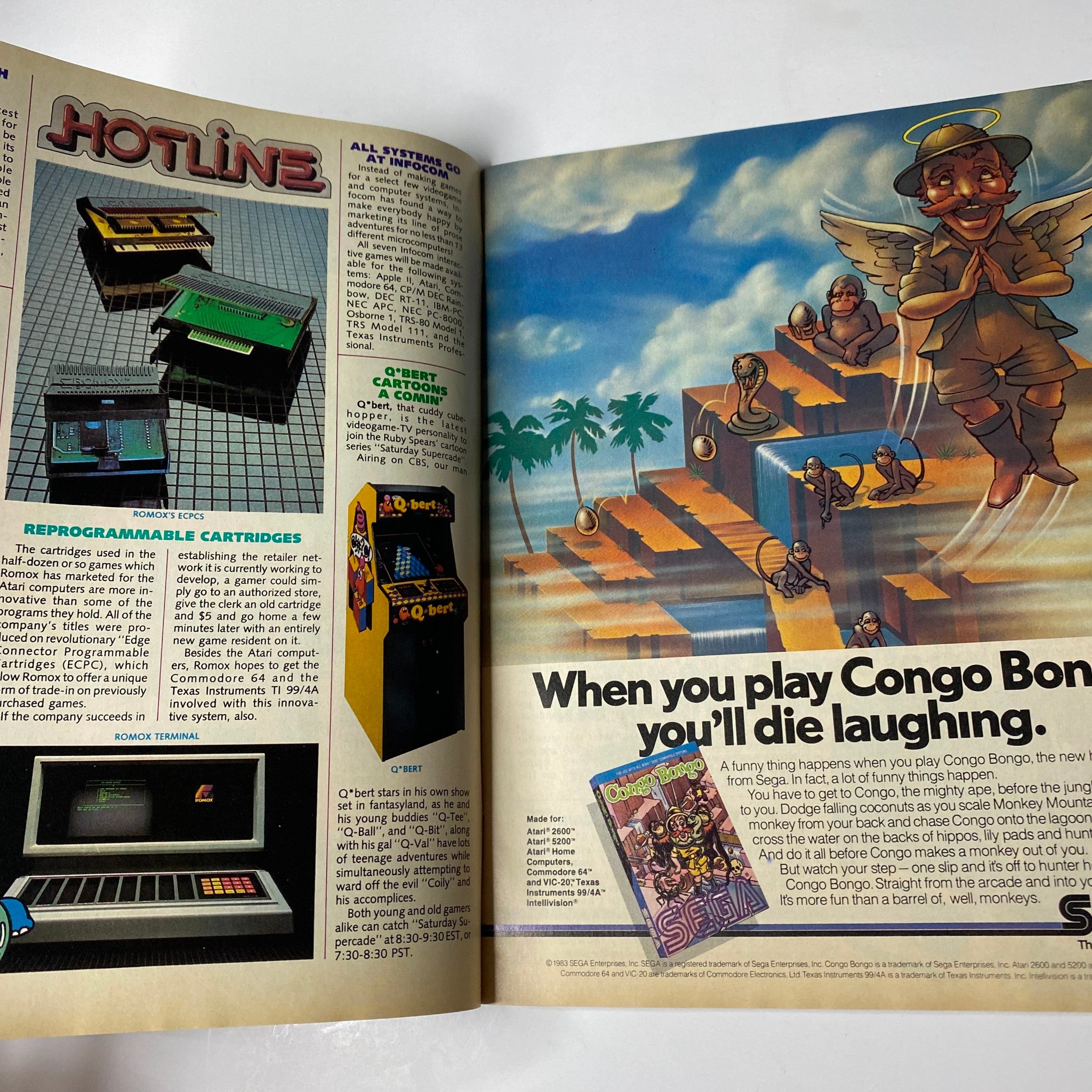 Promotional page from Electronic Games Magazine December 1983 showcasing the 'Hotline' section and an advertisement for 'Congo Bongo'.
