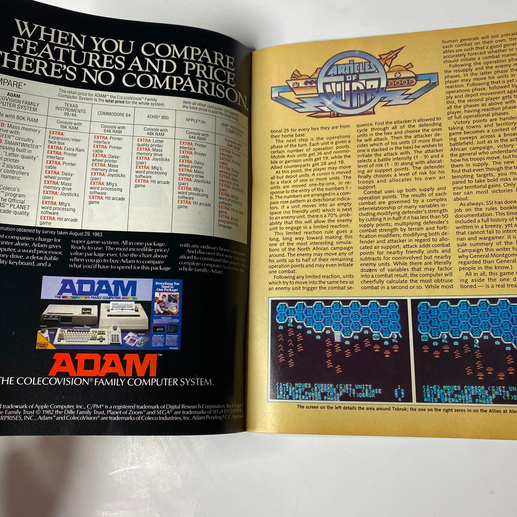 Comparison chart featured in Electronic Games Magazine December 1983 detailing various ColecoVision games and their features.