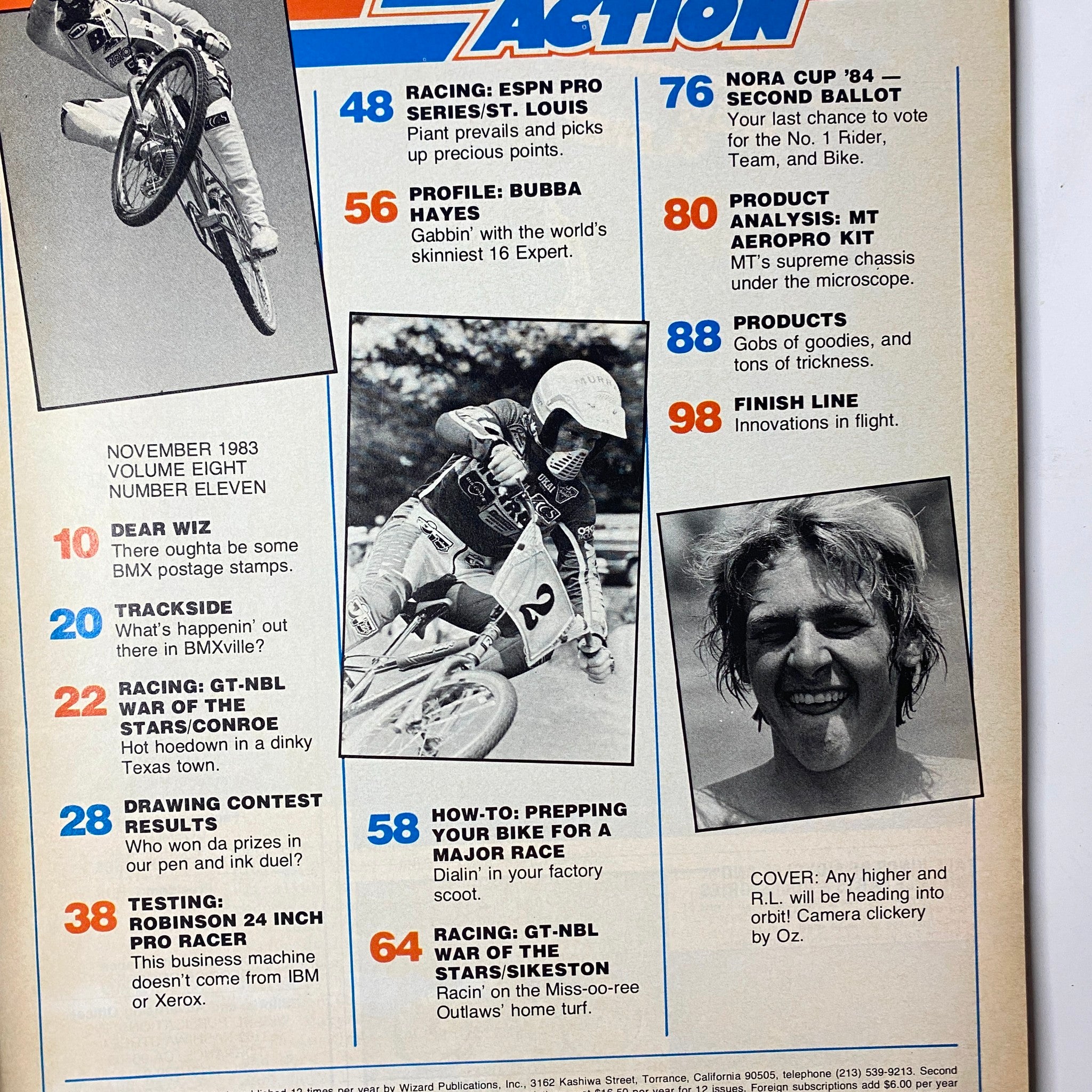 BMX Action Magazine November 1983 interior page listing featured articles like the ESPN Pro Series, NORA Cup ’84, and rider profiles including Bubba Hayes.