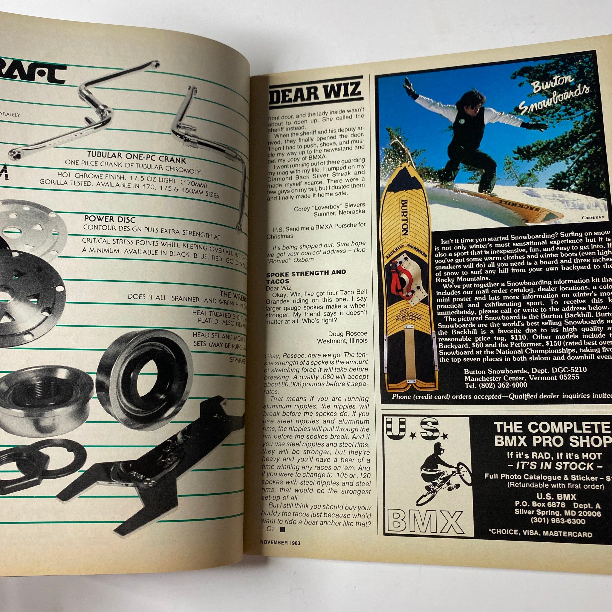 BMX Action Magazine November 1983 page titled 'Dear Wiz' with advice columns and a snowboard ad, showcasing the magazine's diverse content in BMX and action sports.