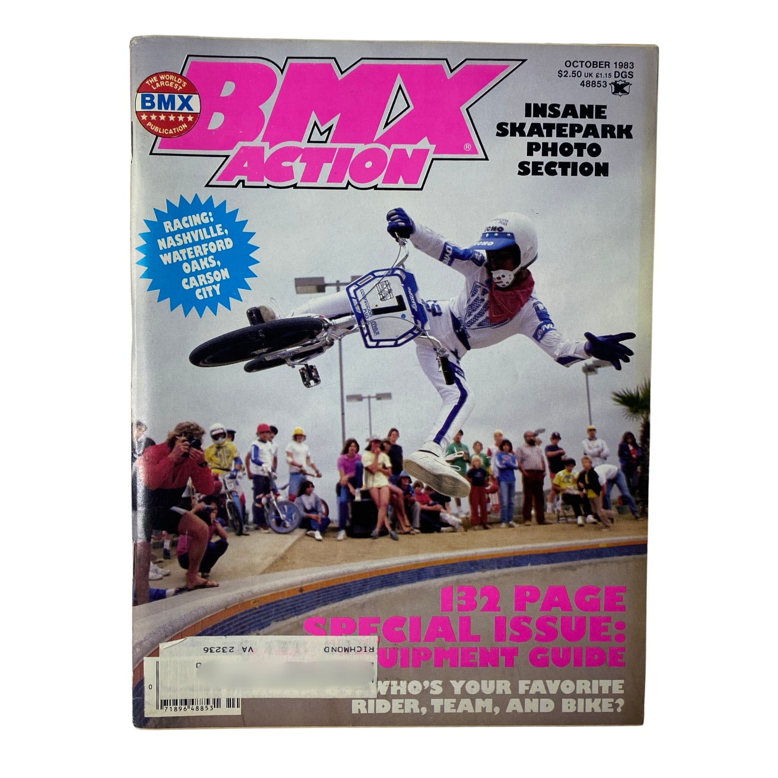 BMX Action Magazine October 1983 featuring Rich Sigur mid-air on the cover during a skatepark run, showcasing vibrant colors and BMX culture.