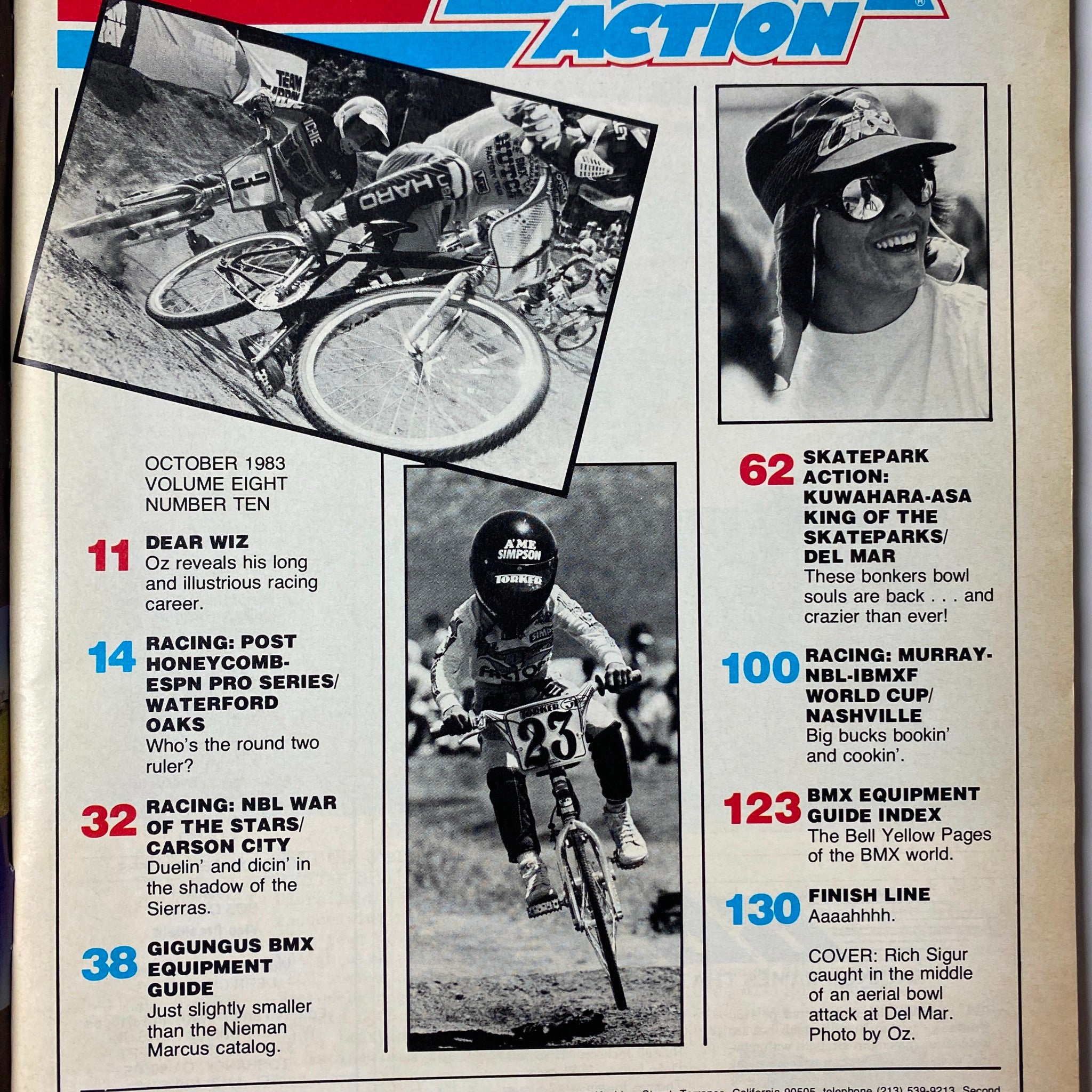 Inside spread of BMX Action Magazine October 1983 with features including 'Dear Wiz', race coverage highlights, and a visual layout of BMX action.