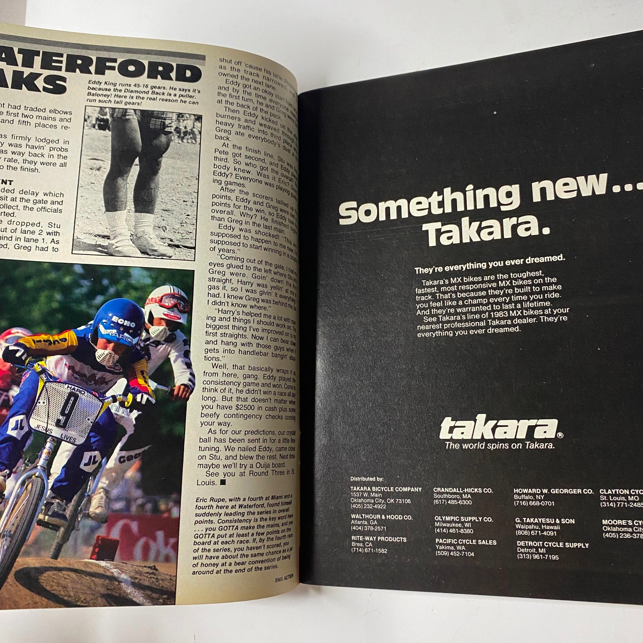 Another page from BMX Action Magazine October 1983 displaying a bold advertisement for Takara, highlighting BMX equipment and racing aspects.