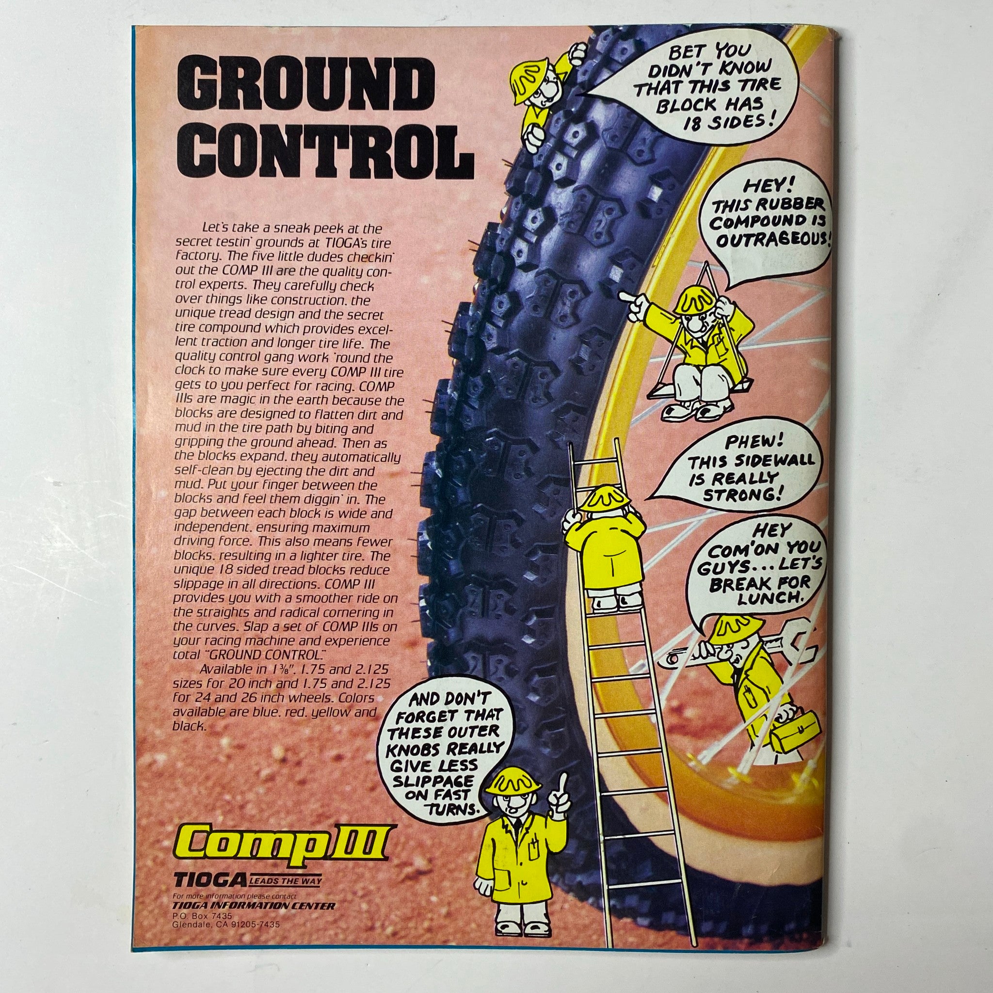BMX Action Magazine October 1983 Ground Control article page, highlighting the features of Comp III tires with playful illustrations, emphasizing their unique and robust design.