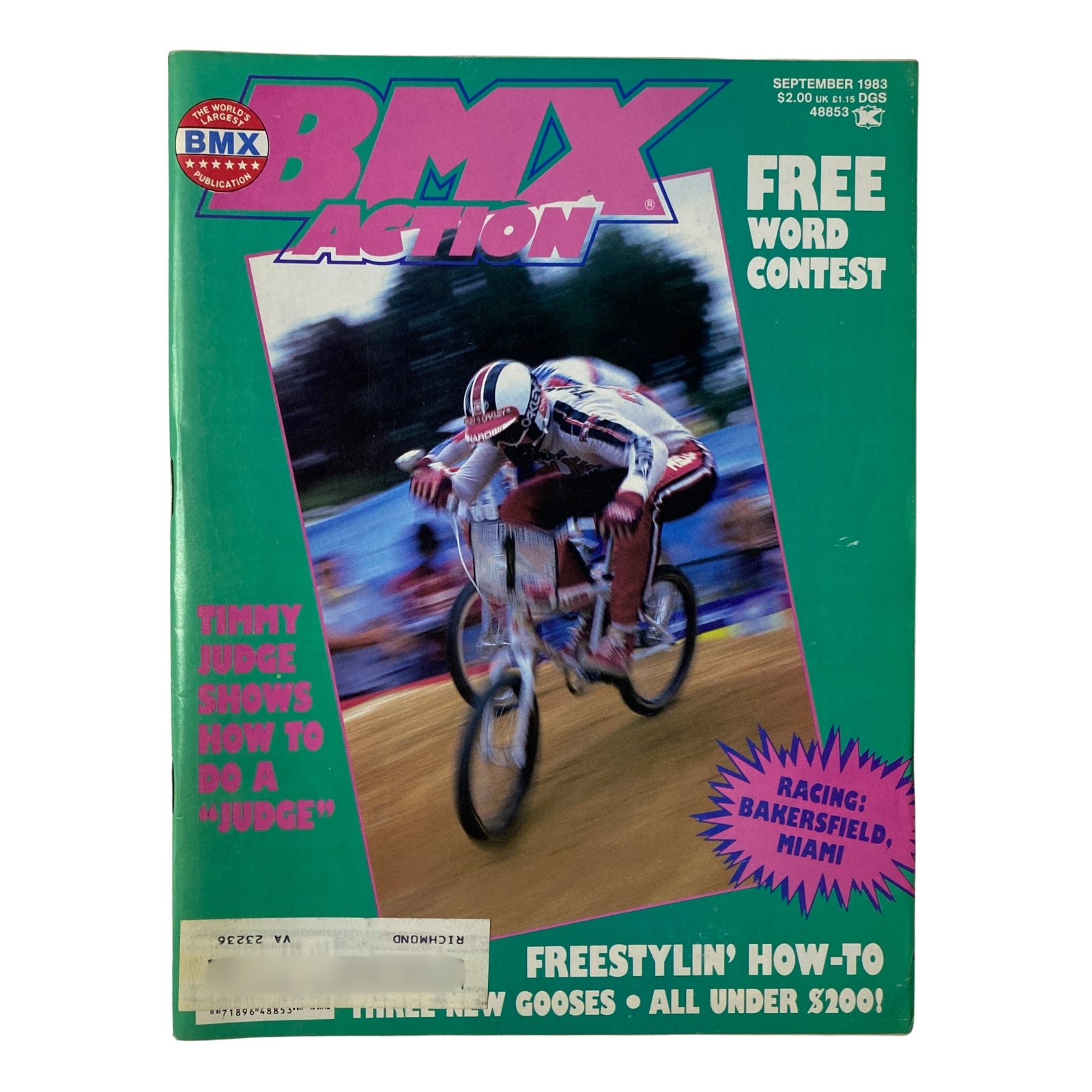 BMX Action Magazine September 1983 Mighty Stu Cover showcasing a vibrant action shot of a BMX racer mid-competition, highlighting the thrill of BMX racing.