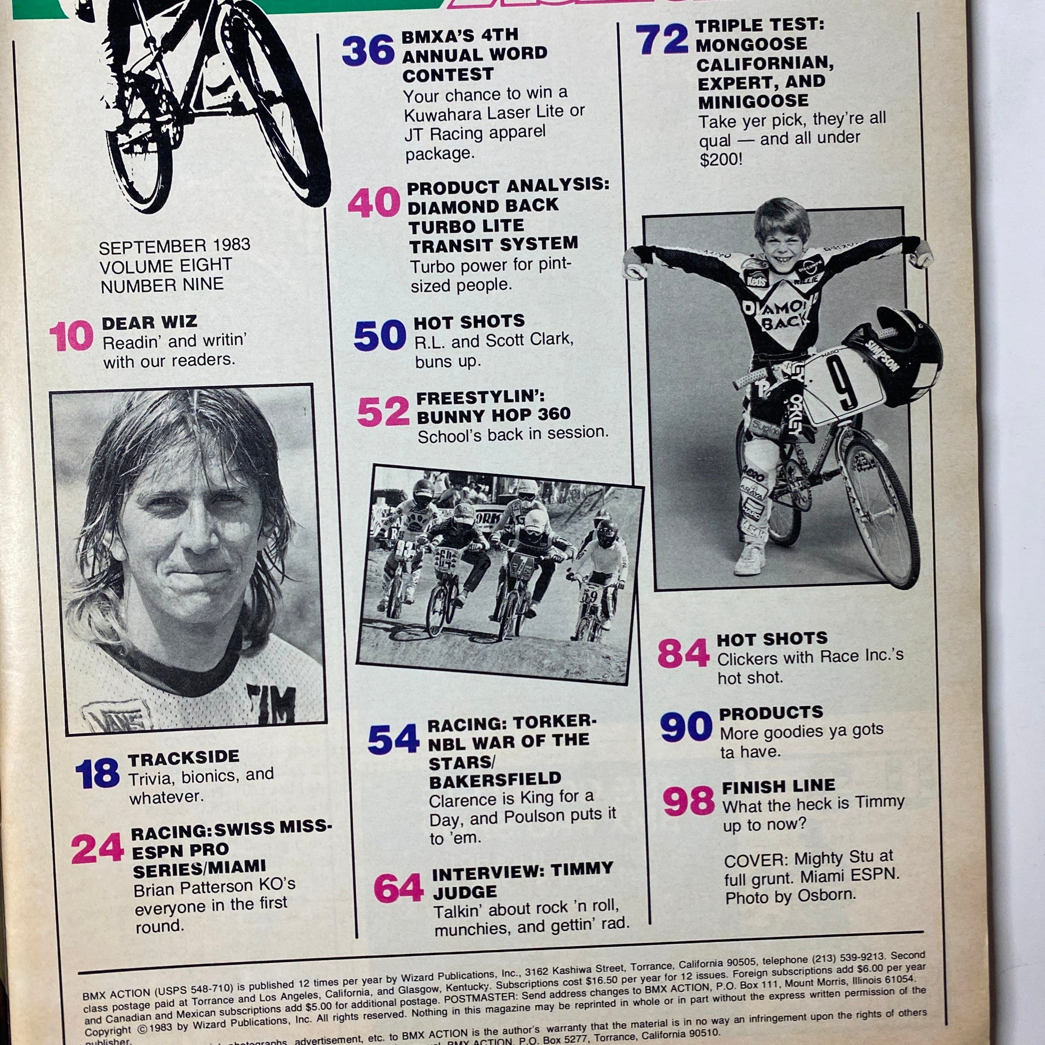 BMX Action Magazine September 1983 concluding article list including content like interviews and product analysis, reflecting the magazine's dynamic mix of BMX culture.