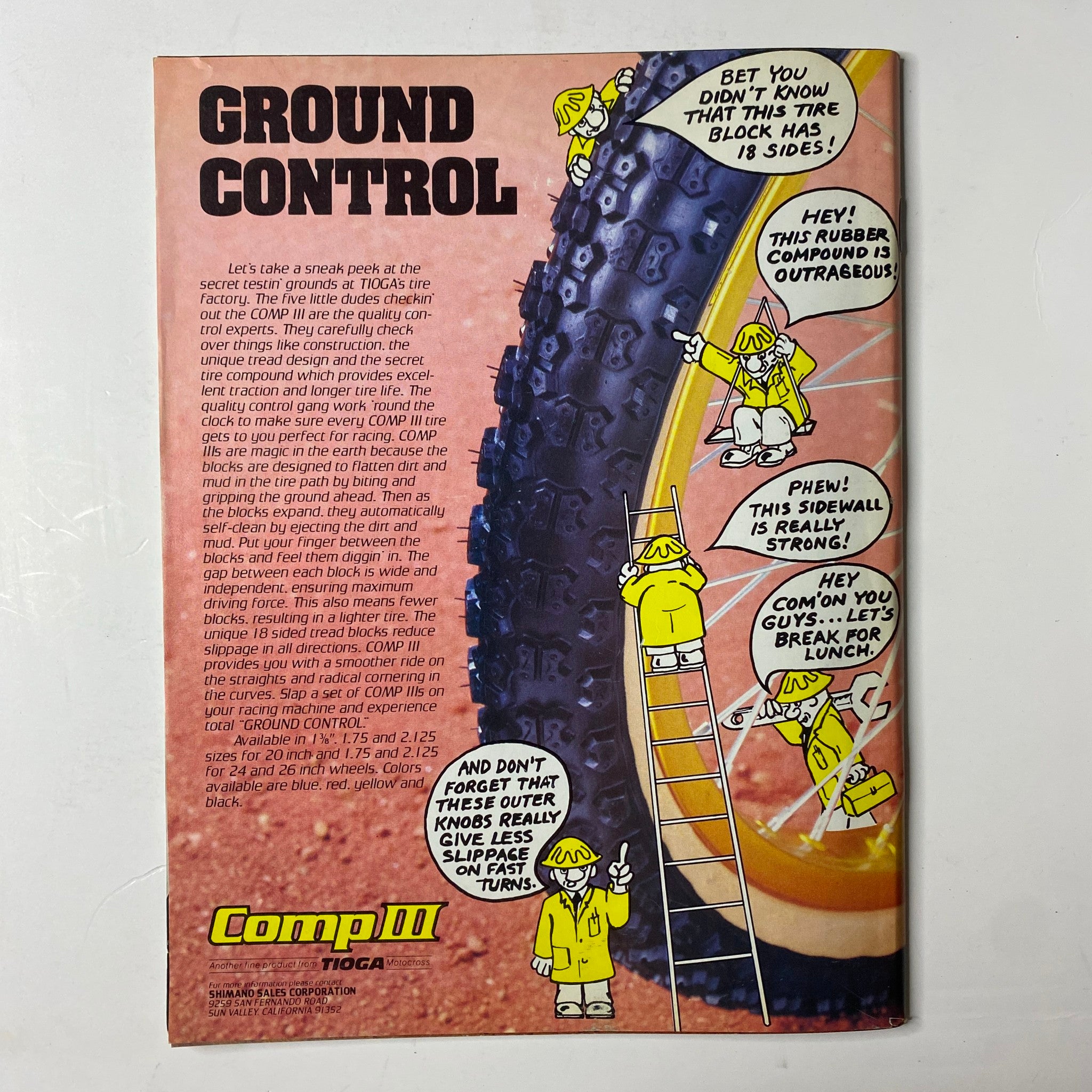 BMX Action Magazine September 1983 advertisement for Tioga Comp III tire, humorously illustrating the unique tire features with cartoon characters, as seen in the issue with Mighty Stu on the cover.
