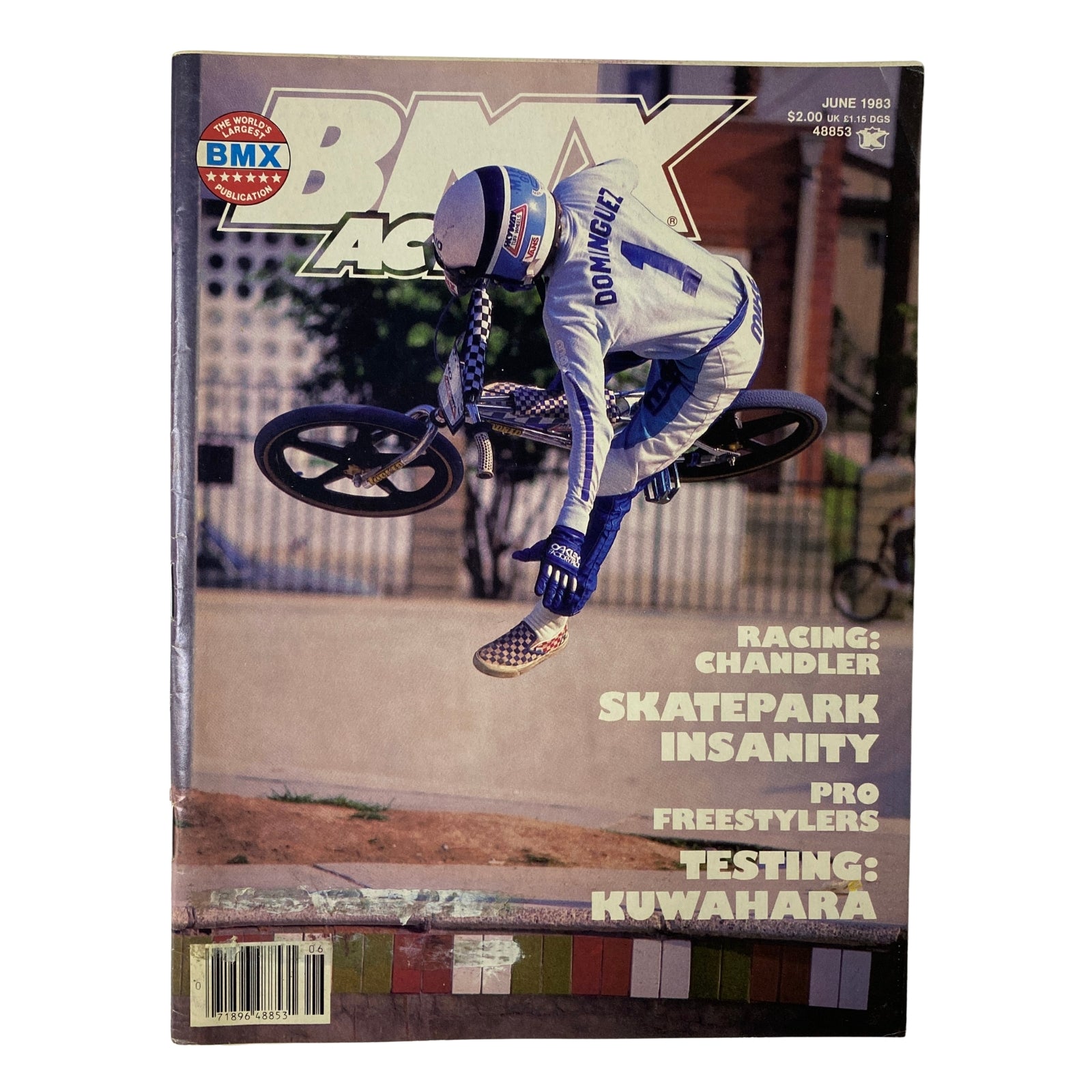 Cover of BMX Action Magazine June 1983 featuring Michael Dominguez in action; highlights BMX culture and freestyle BMX.