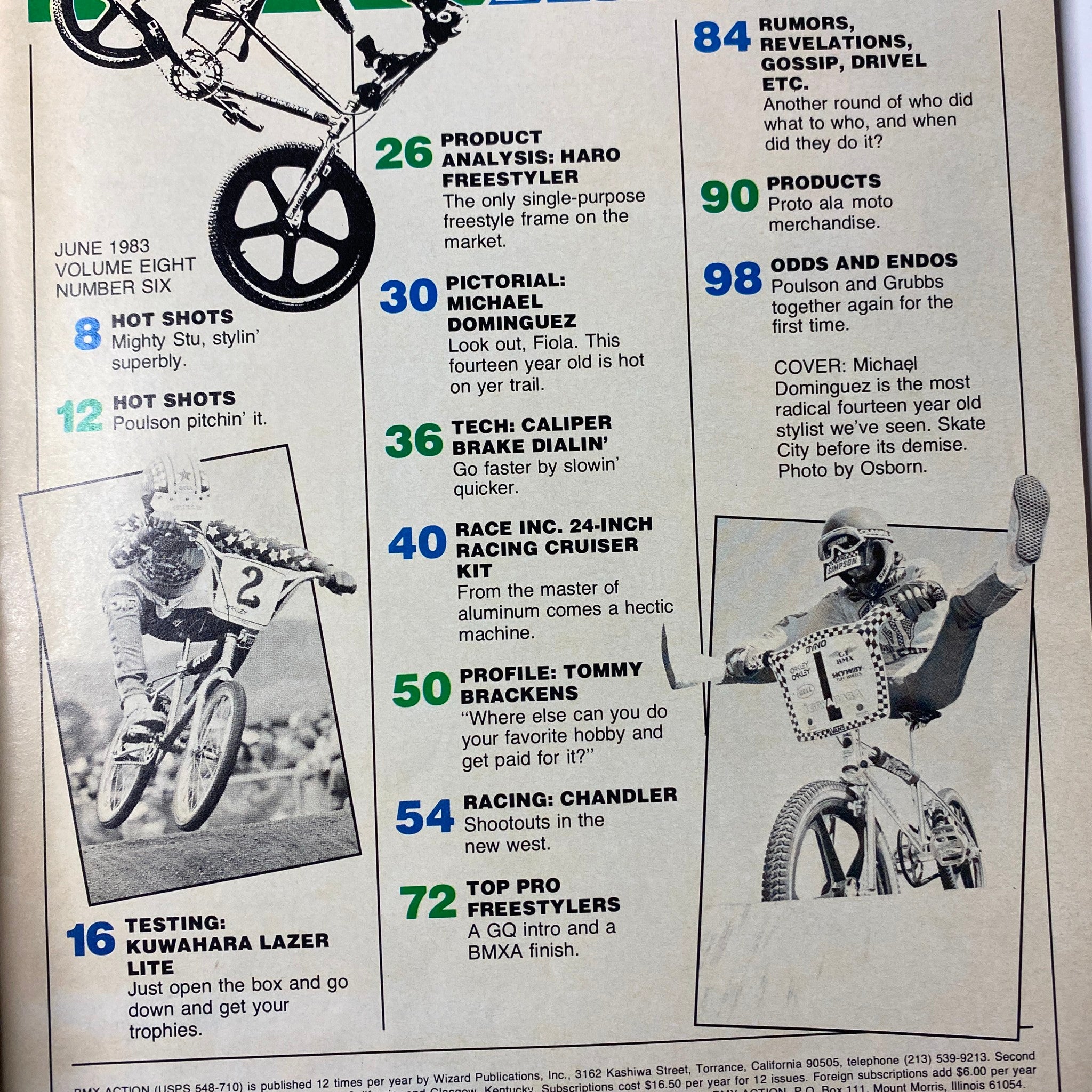 Table of contents from BMX Action Magazine June 1983, showcasing featured articles including product analysis and racing highlights.