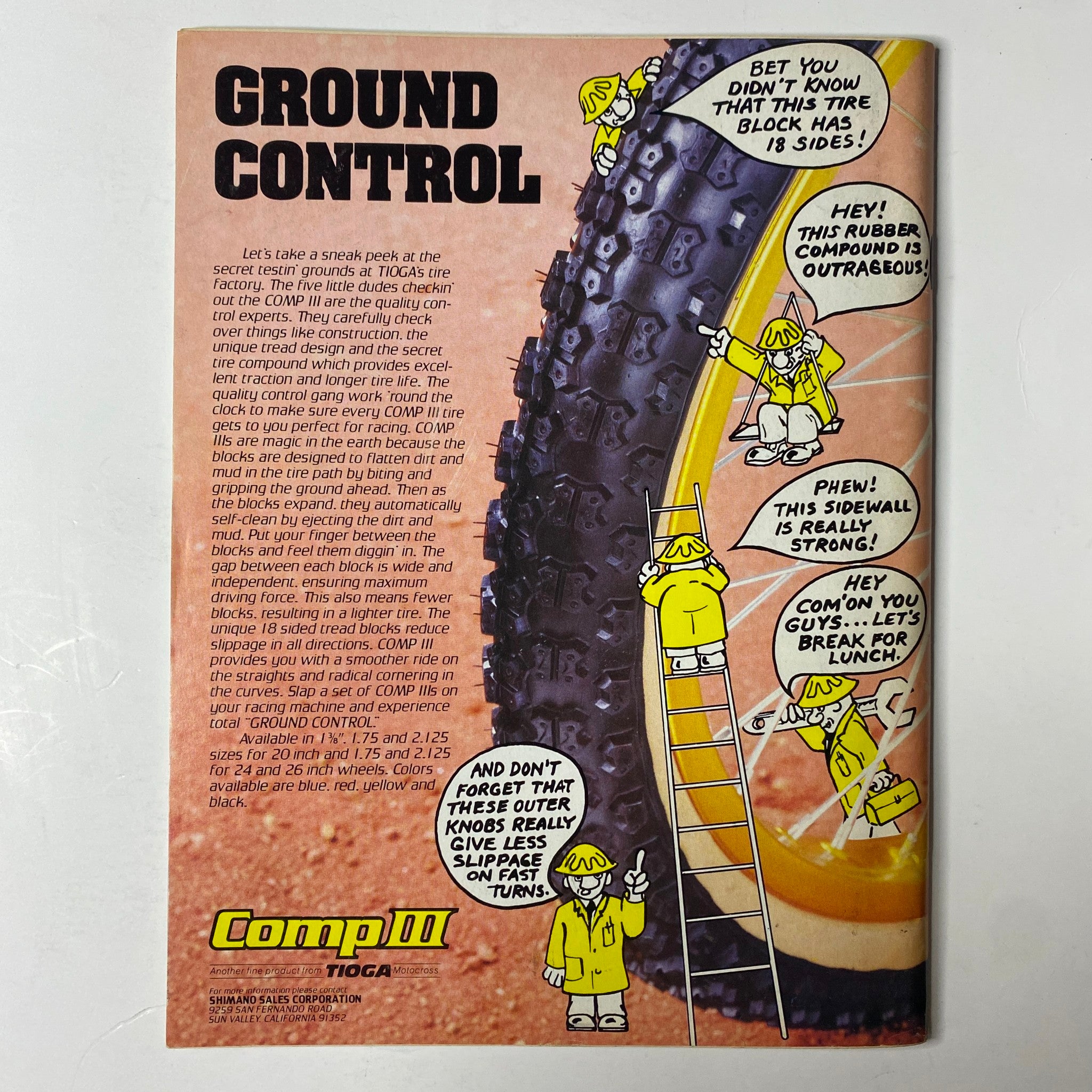 Vintage advertisement for Comp III Tioga tires featured in BMX Action Magazine June 1983, showcasing cartoon characters discussing tire durability with playful dialogue.