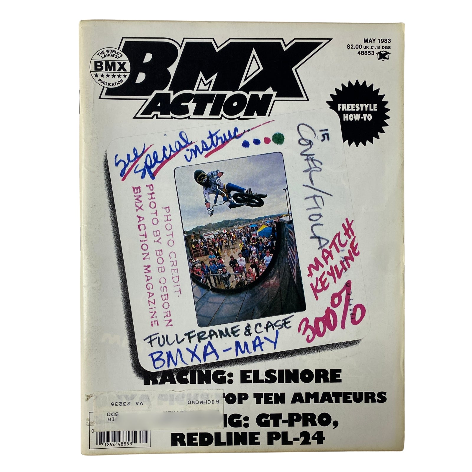 Cover of BMX Action Magazine May 1983 Vol 8 No. 5 featuring Eddie Fiola, showcasing a BMX rider mid-air on a half-pipe, with magazine title and issue highlights.