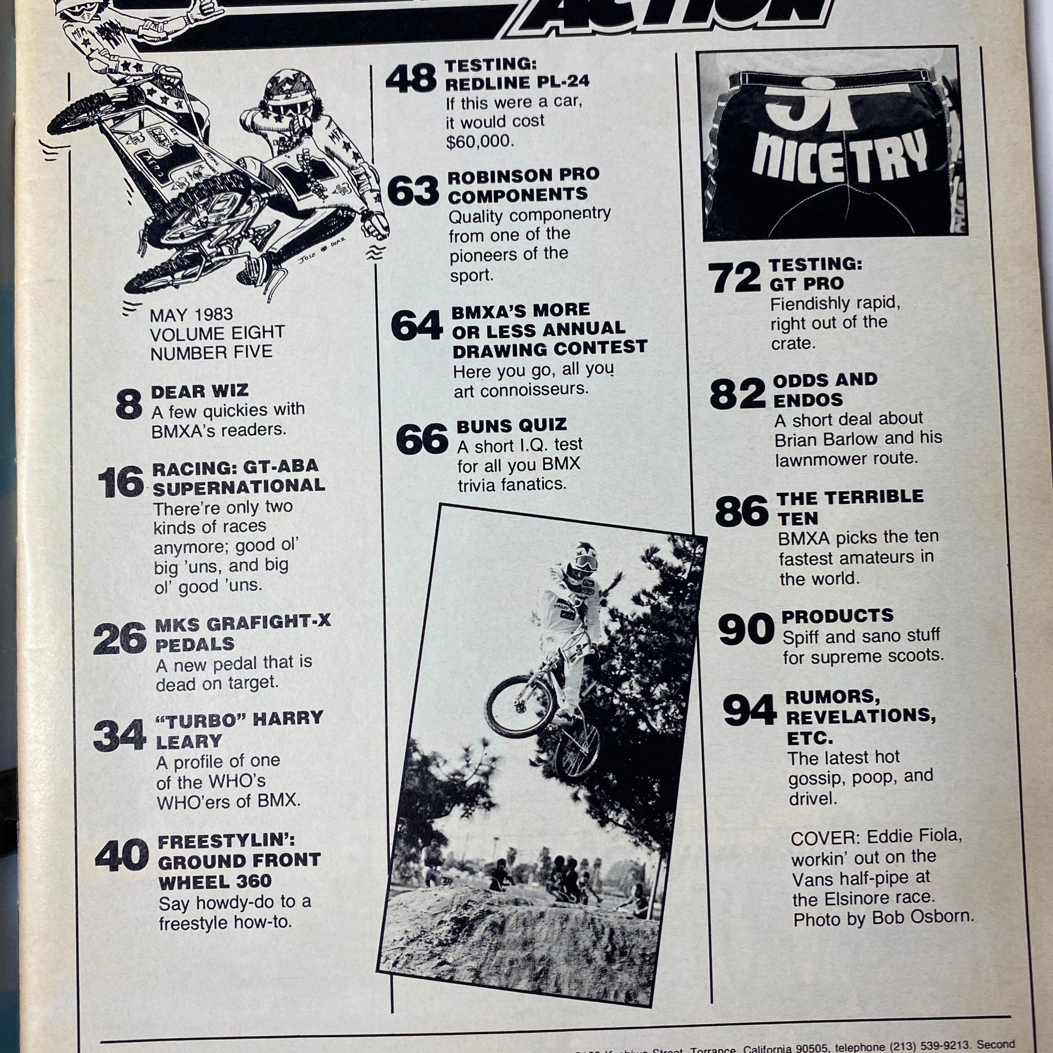 Inside page of BMX Action Magazine May 1983 Vol 8 No. 5 detailing contents including articles on testing, racing, and freestyle BMX tricks with references to Eddie Fiola.