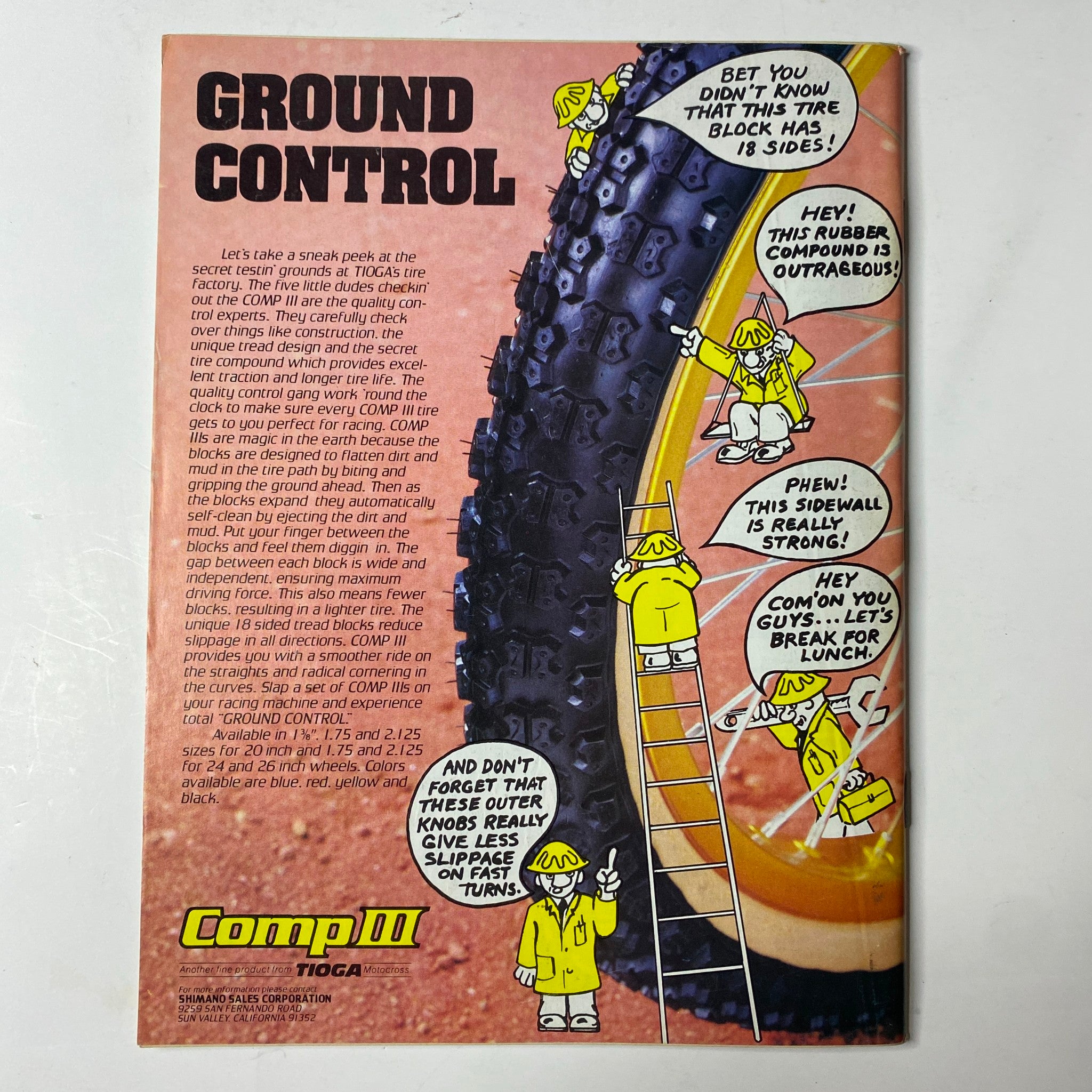 BMX Action Magazine May 1983 Vol 8 No. 5 Eddie Fiola Cover, featuring an advertisement for Comp III tires with cartoon characters discussing tire performance. Ideal for collectors of vintage BMX memorabilia.
